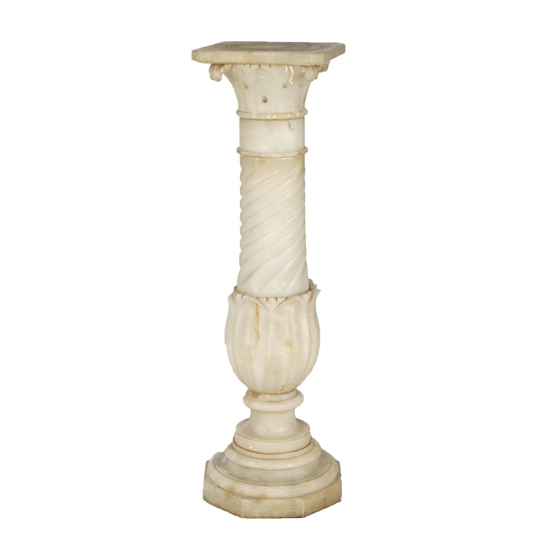 ***Ask About Discounted In-House Shipping***
An antique Classical sculpture pedestal offers alabaster construction with square display over carved Corinthian column having foliate and twist elements, c1890

Measures - 40