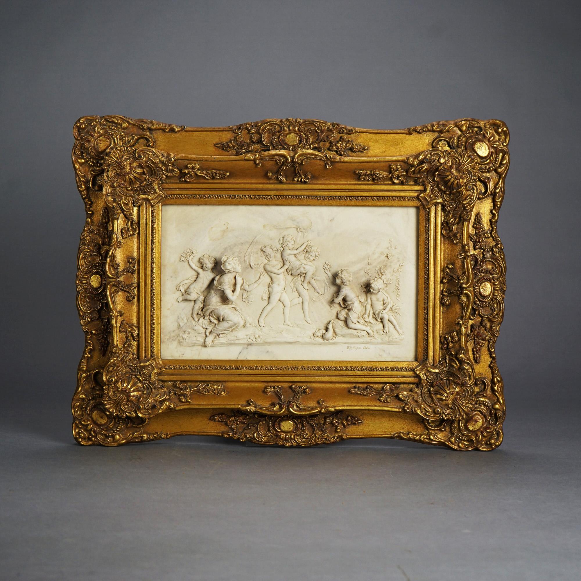 An antique Classical plaque offers carved marble cherub scene in high relief, signed as photographed, 19th C; more recent giltwood frame.

Measures - 16