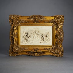 Antique Classical Carved Marble Plaque with Figures In High Relief Signed 19th C