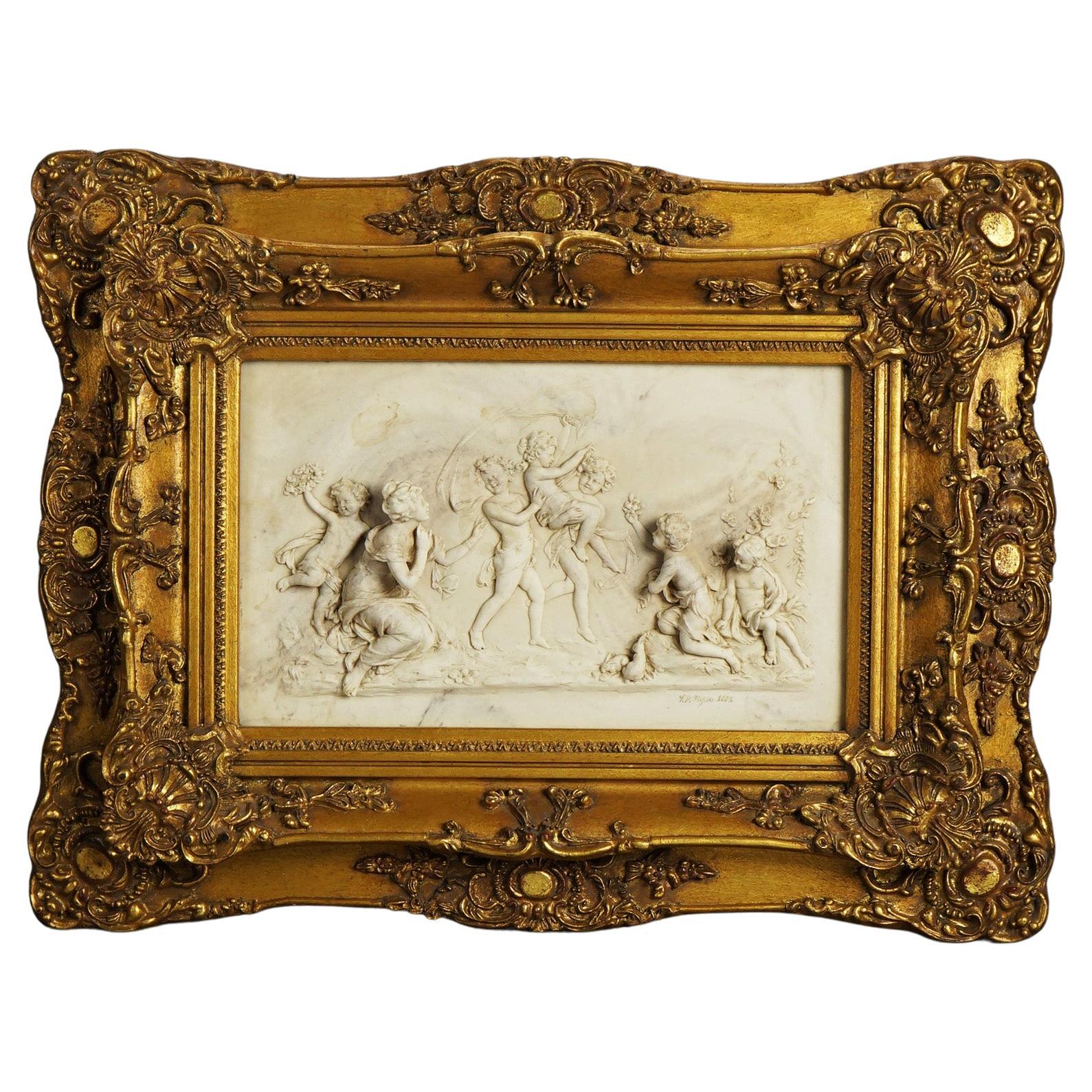 Antiquity Classical Carved Marble Plaque with Figures In High Relief Signed 19th C en vente