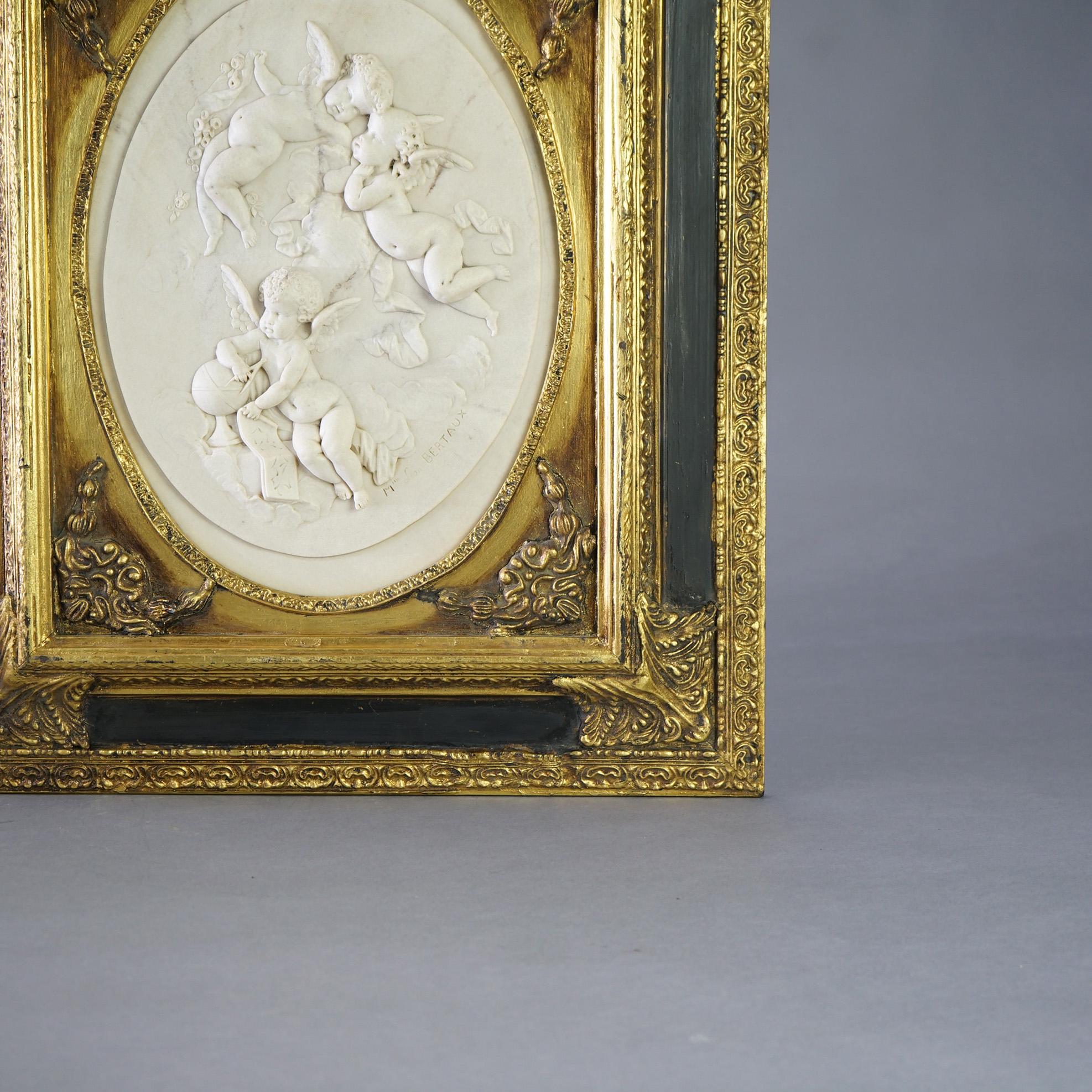 Antique Classical Carved Marble Plaque with Winged Cherubs by Bertaux 19th C For Sale 2