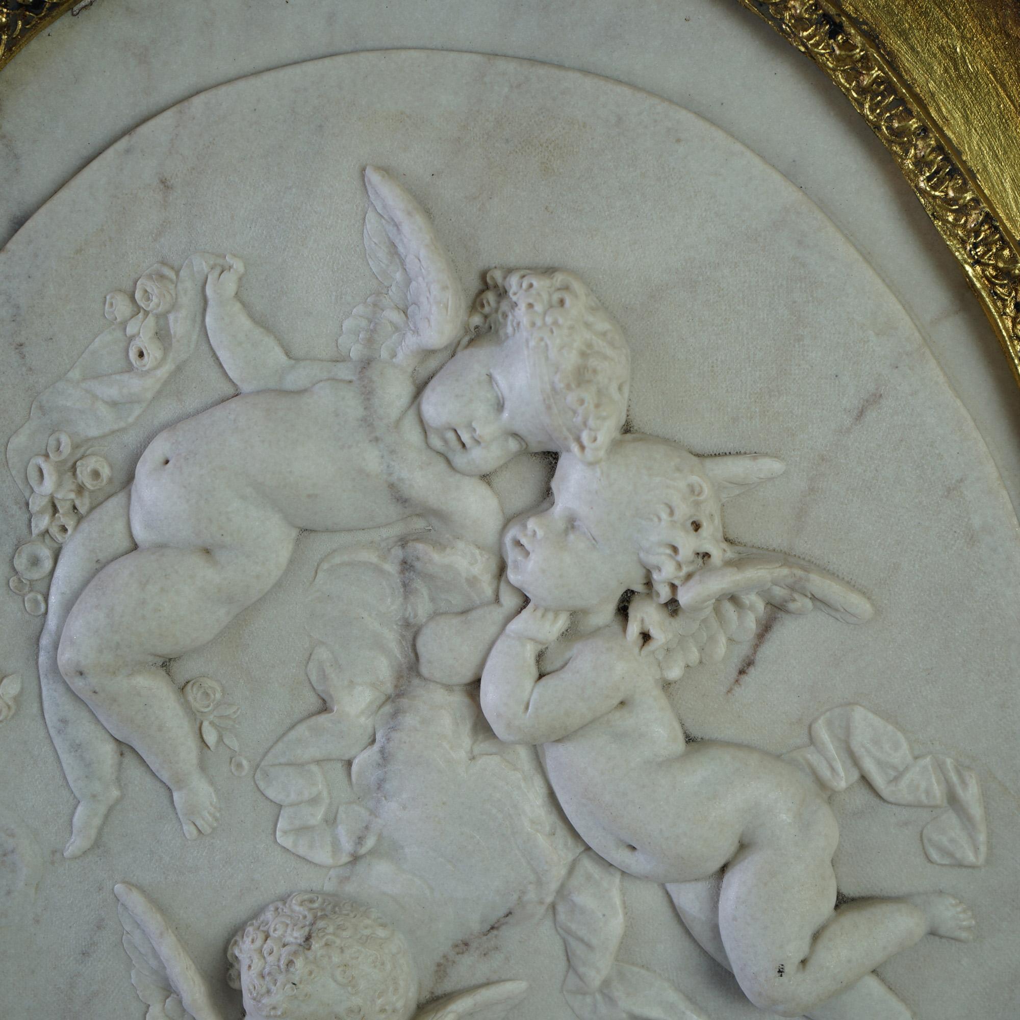 Antique Classical Carved Marble Plaque with Winged Cherubs by Bertaux 19th C For Sale 5