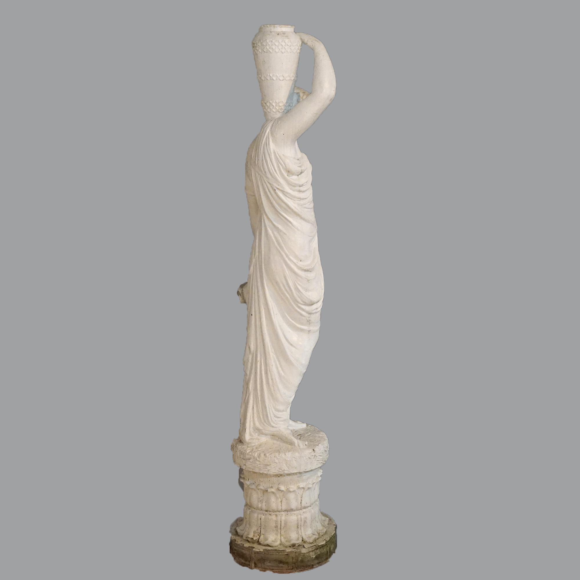 Concrete Antique Classical Cast Hard Stone Figural Fountain, Woman & Water Vessels 20th C