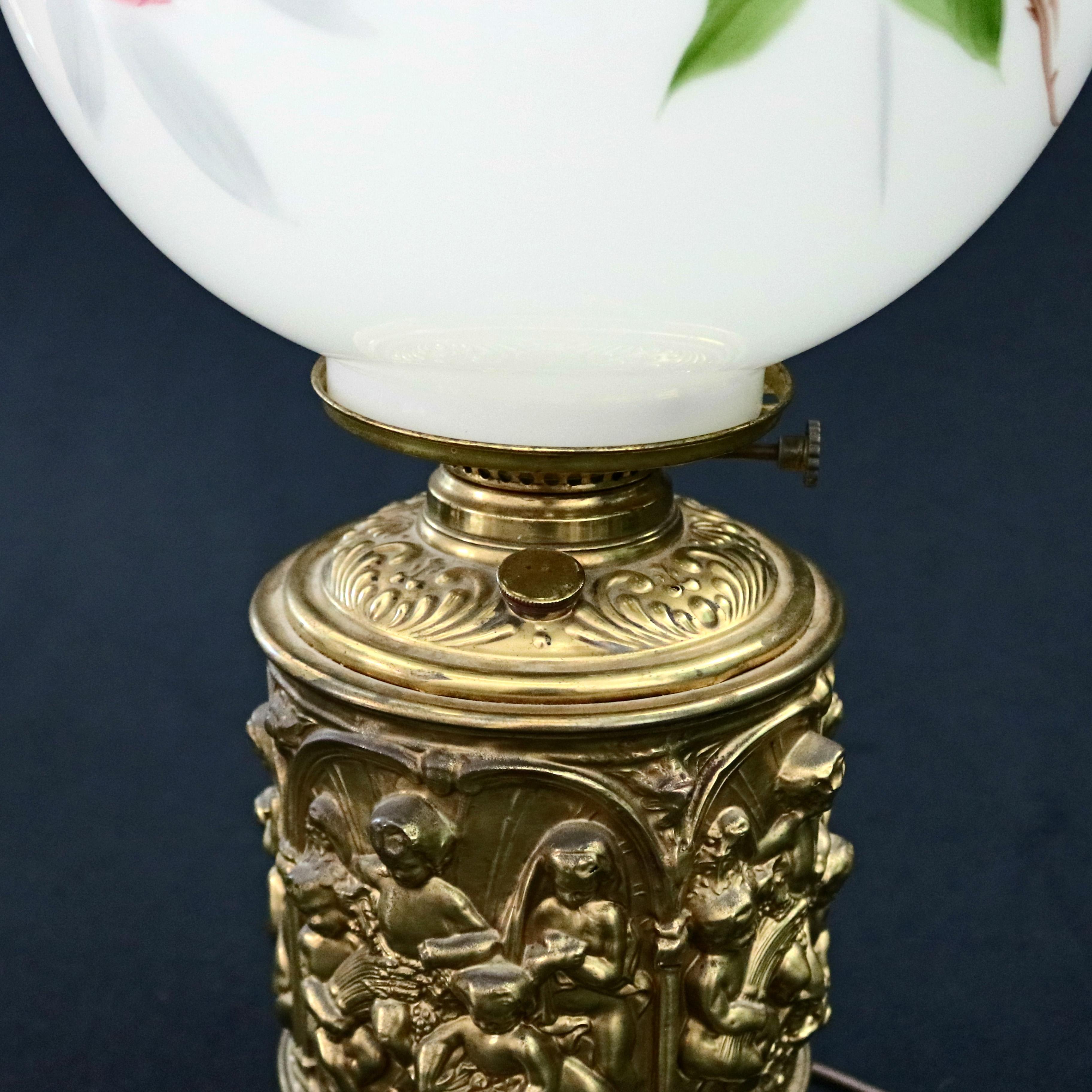 19th Century Classical Cherub Gone with the Wind Embossed Brass Parlor Lamp, circa 1880