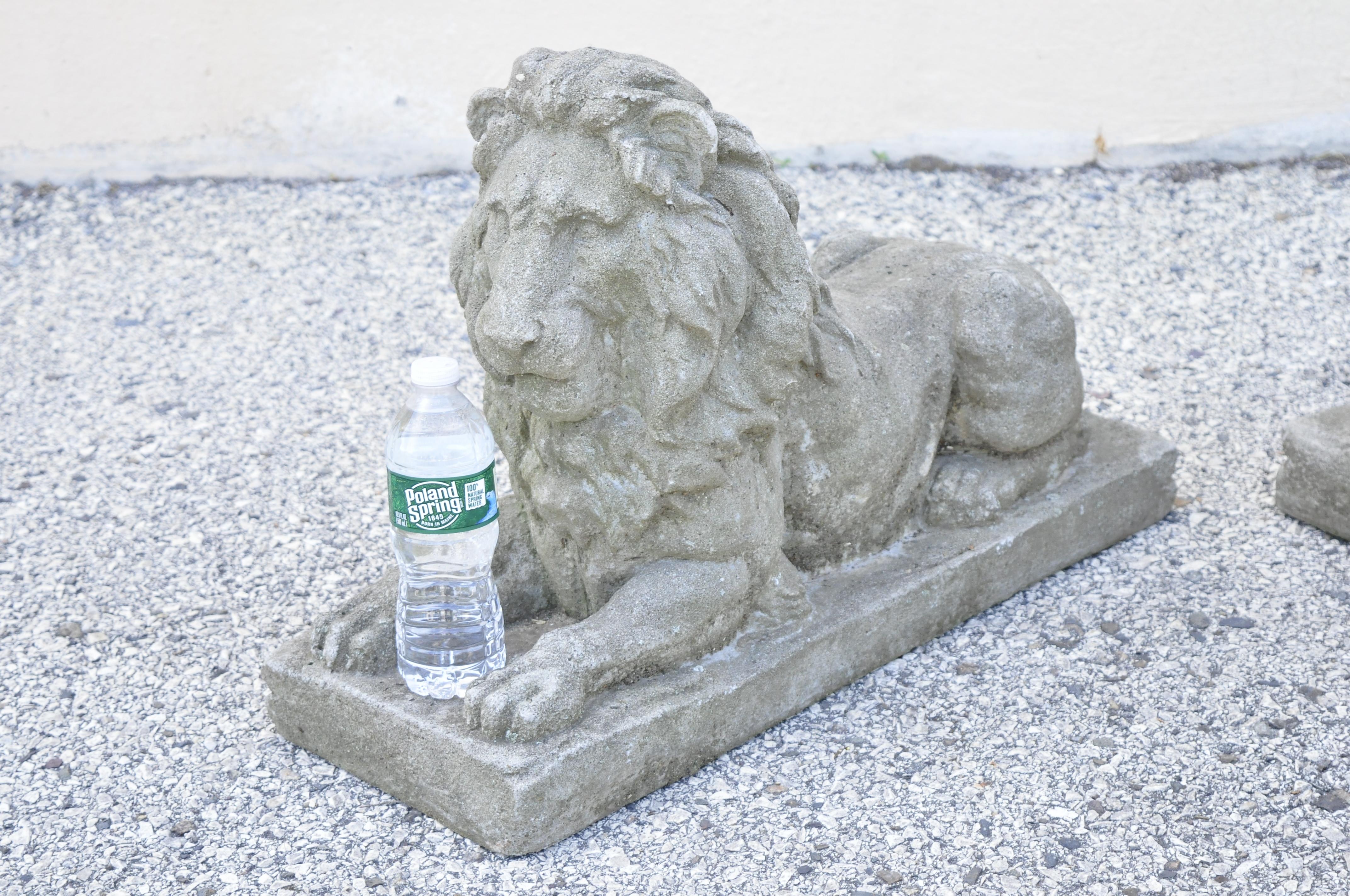 Antique Classical Concrete Reclining Resting Lion Garden Statue Jockey, a Pair 1