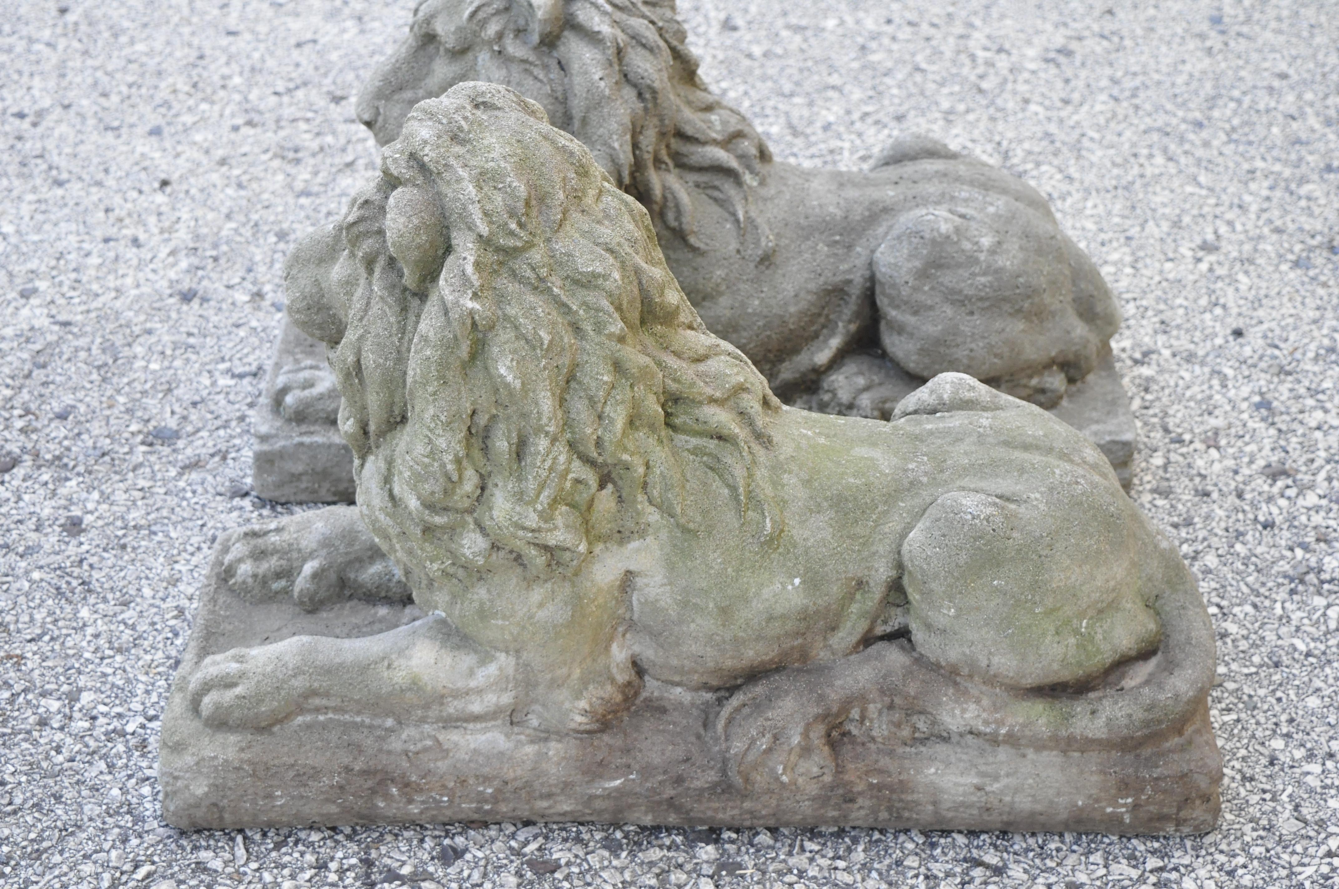 Antique Classical Concrete Reclining Resting Lion Garden Statue Jockey, a Pair 2