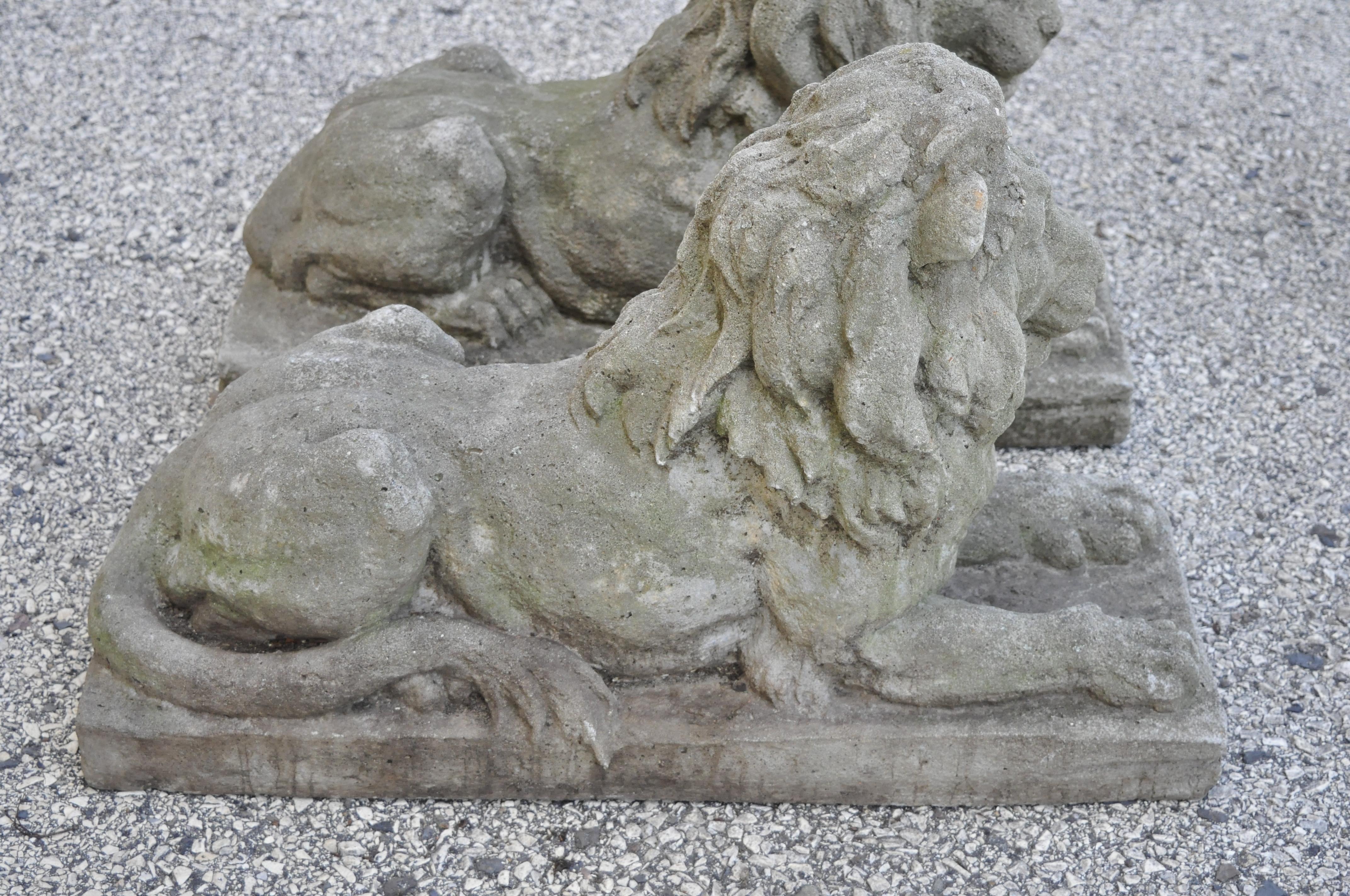 Regency Antique Classical Concrete Reclining Resting Lion Garden Statue Jockey, a Pair
