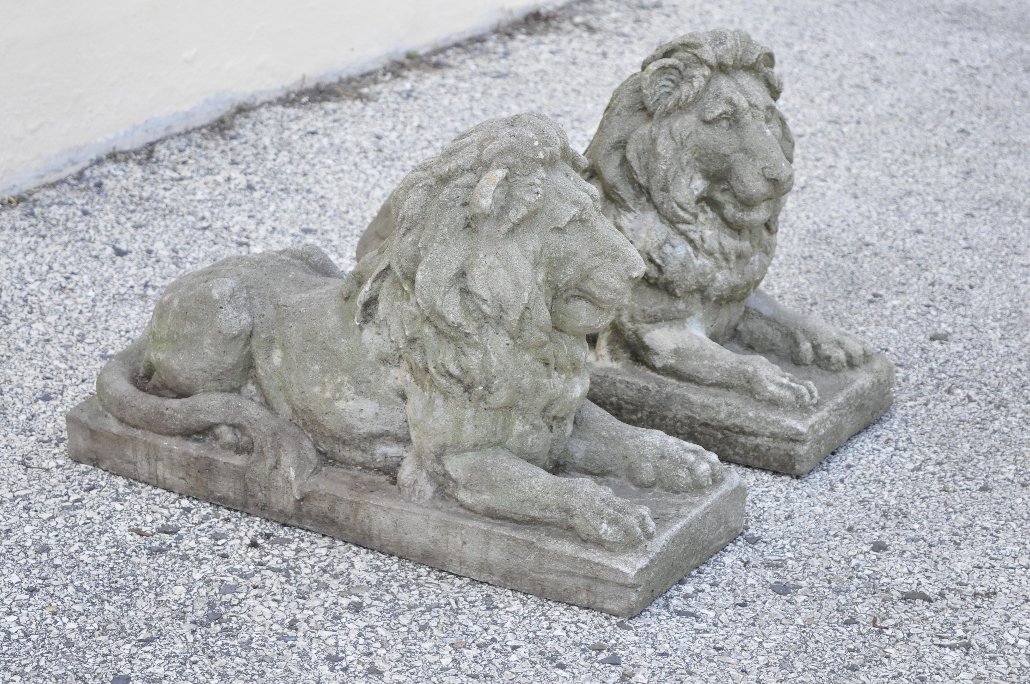 French Antique Classical Concrete Reclining Resting Lion Garden Statue Jockey, a Pair