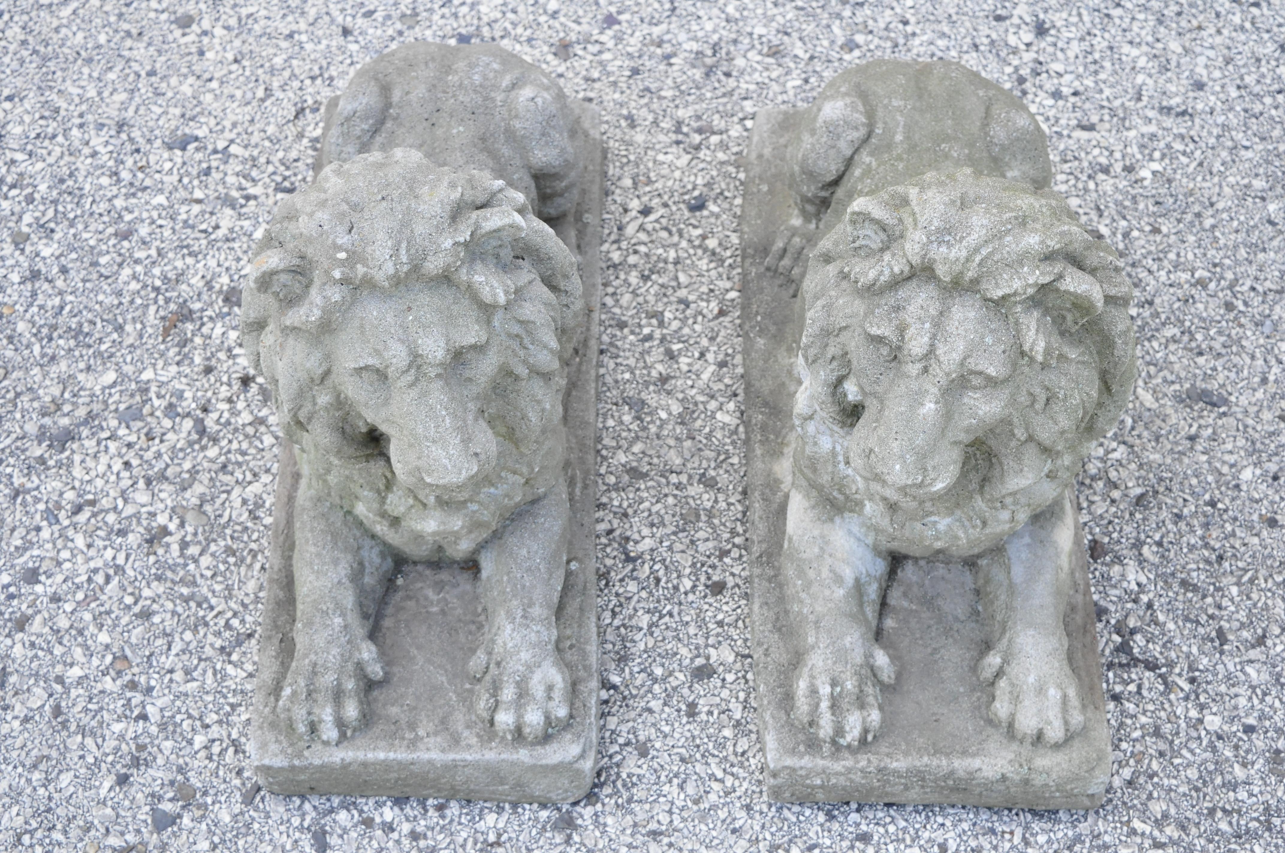 Antique Classical Concrete Reclining Resting Lion Garden Statue Jockey, a Pair In Good Condition In Philadelphia, PA