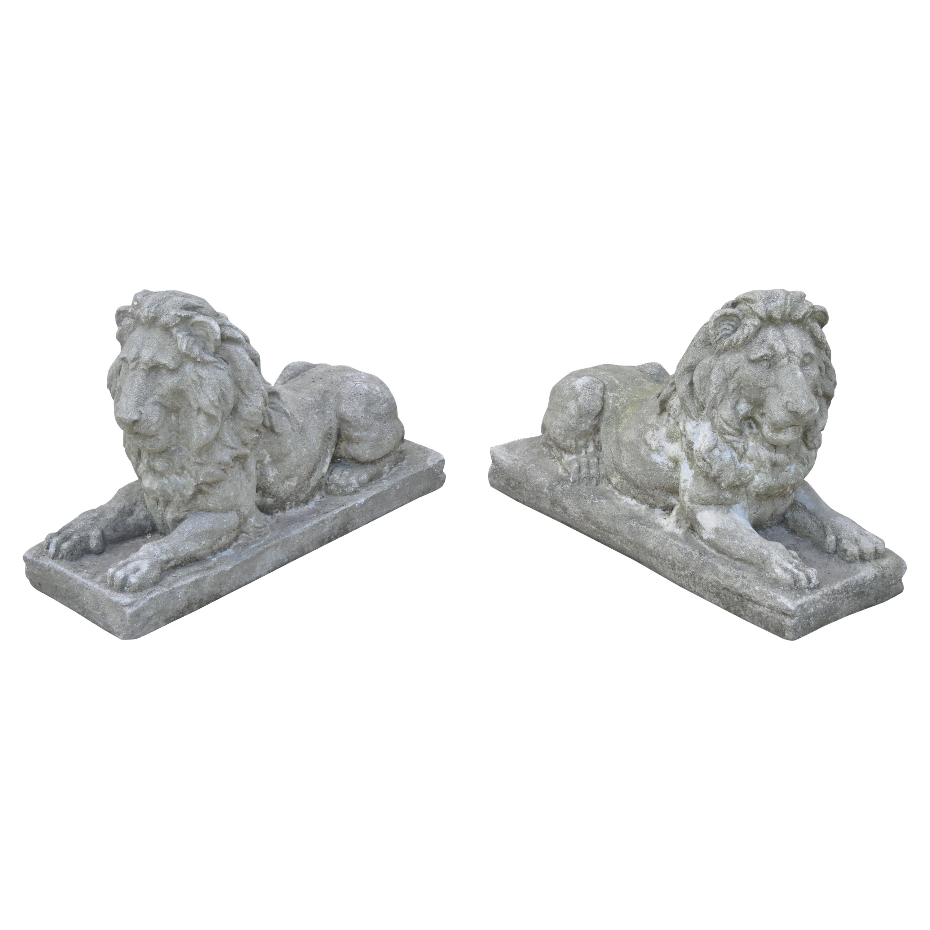 Antique Classical Concrete Reclining Resting Lion Garden Statue Jockey, a Pair