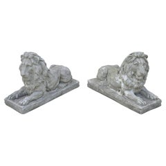 Vintage Classical Concrete Reclining Resting Lion Garden Statue Jockey, a Pair