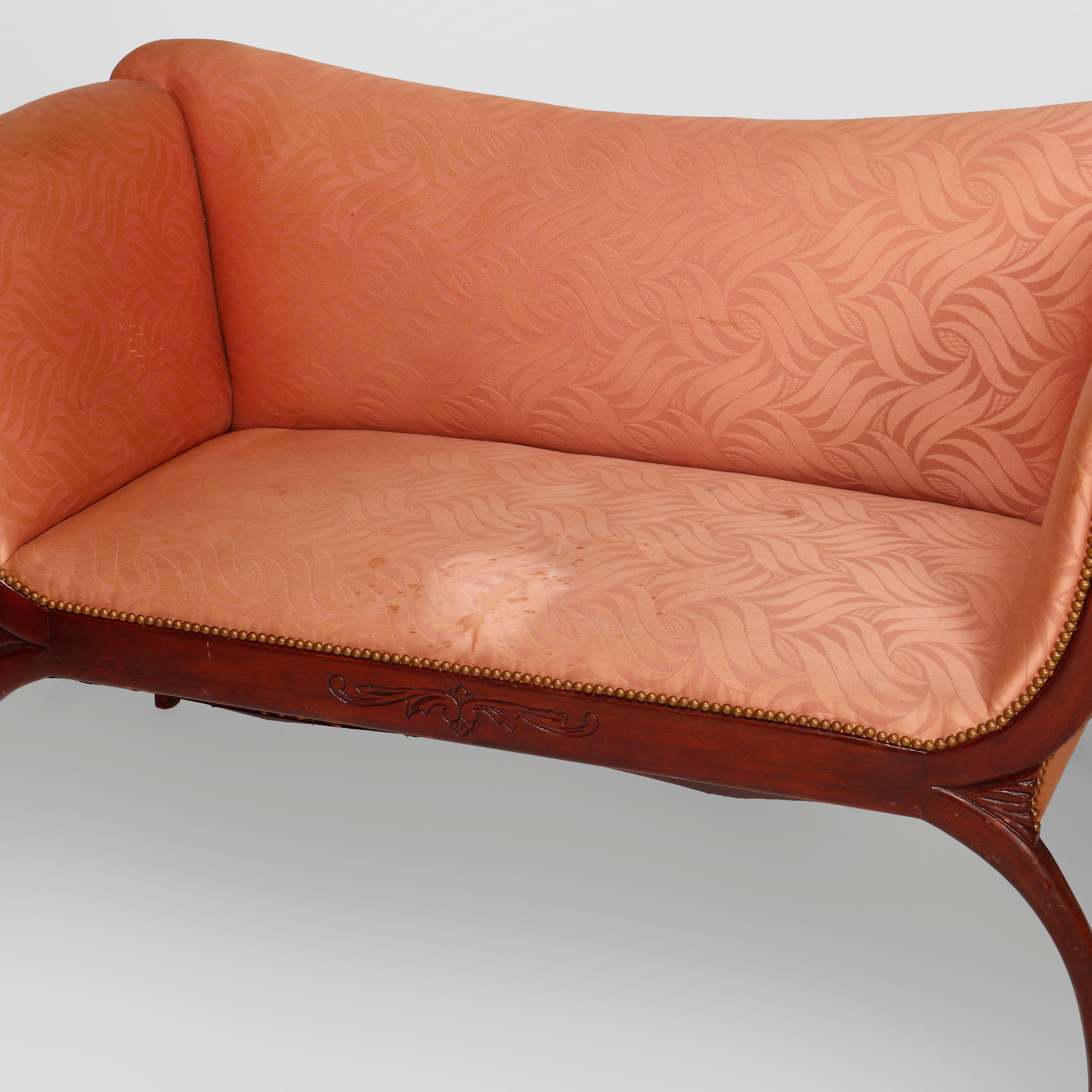 Antique Classical Continental Carved Mahogany Upholstered Settee, Circa 1920 In Good Condition For Sale In Big Flats, NY