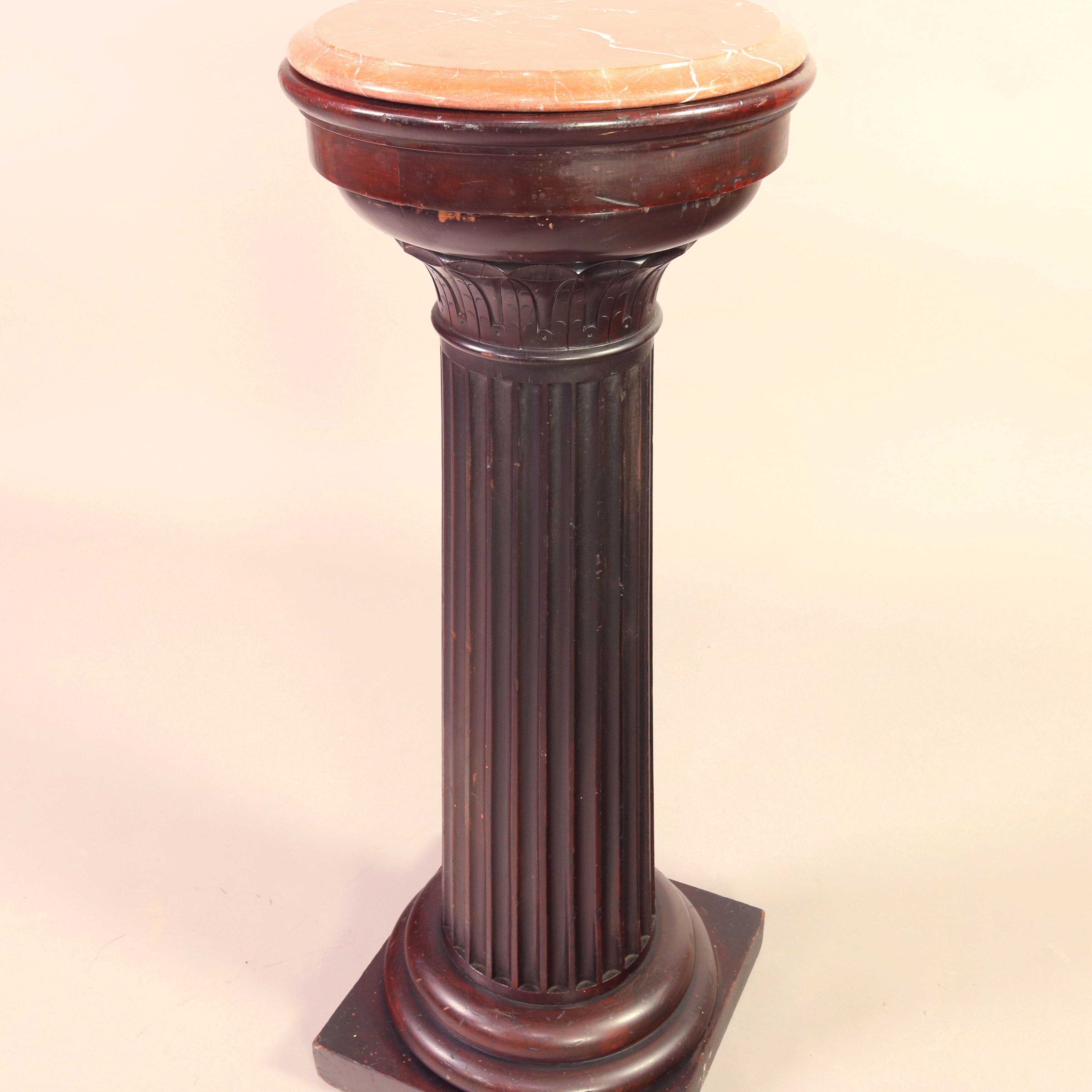 Classical Greek Antique Classical Doric Column Mahogany & Marble Sculpture Pedestal, c1890