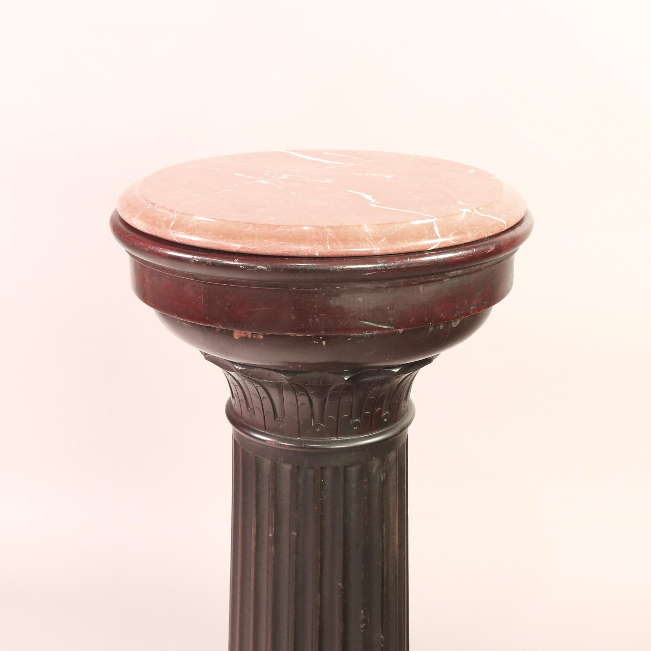 Greek Antique Classical Doric Column Mahogany & Marble Sculpture Pedestal, c1890