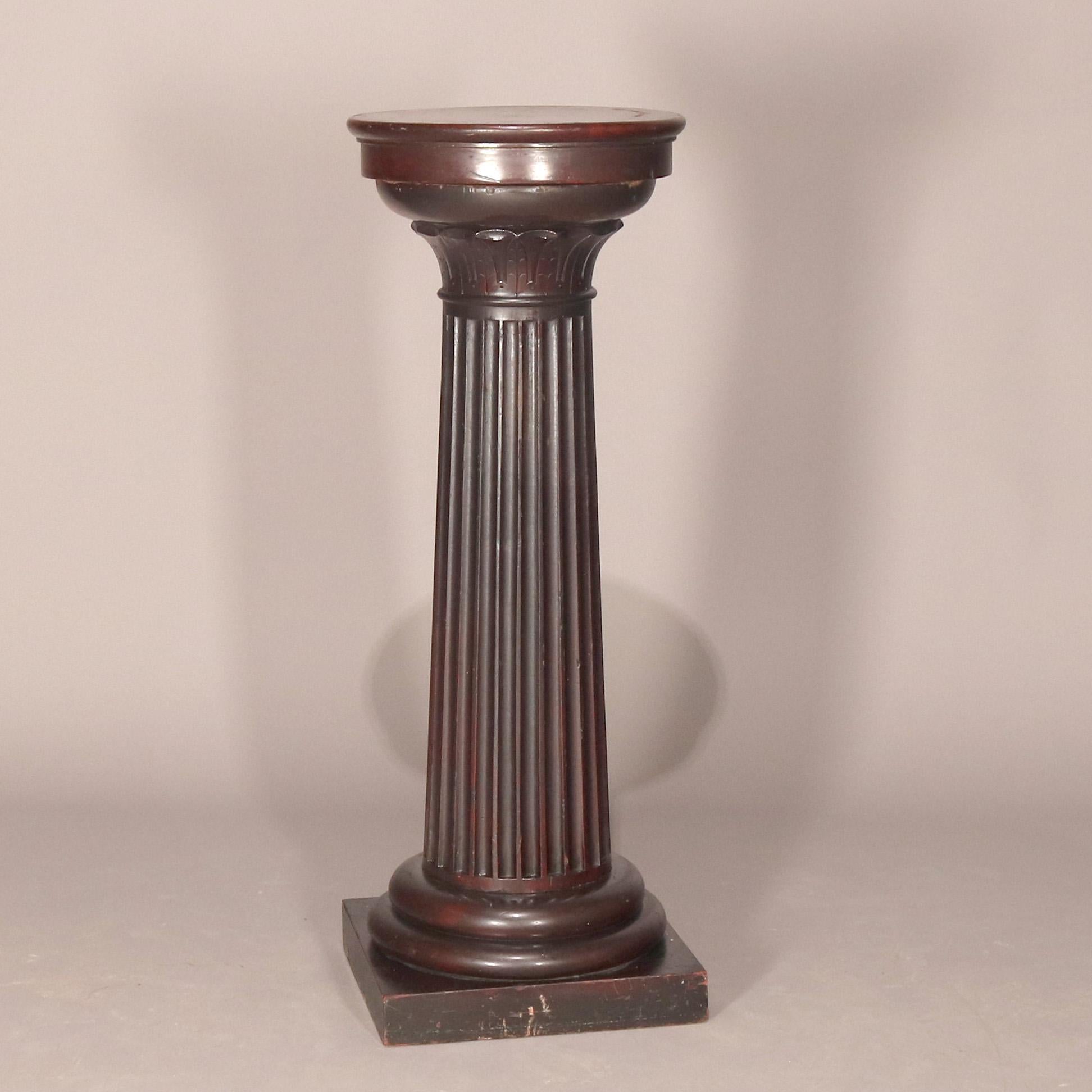 Beveled Antique Classical Doric Column Mahogany & Marble Sculpture Pedestal, c1890