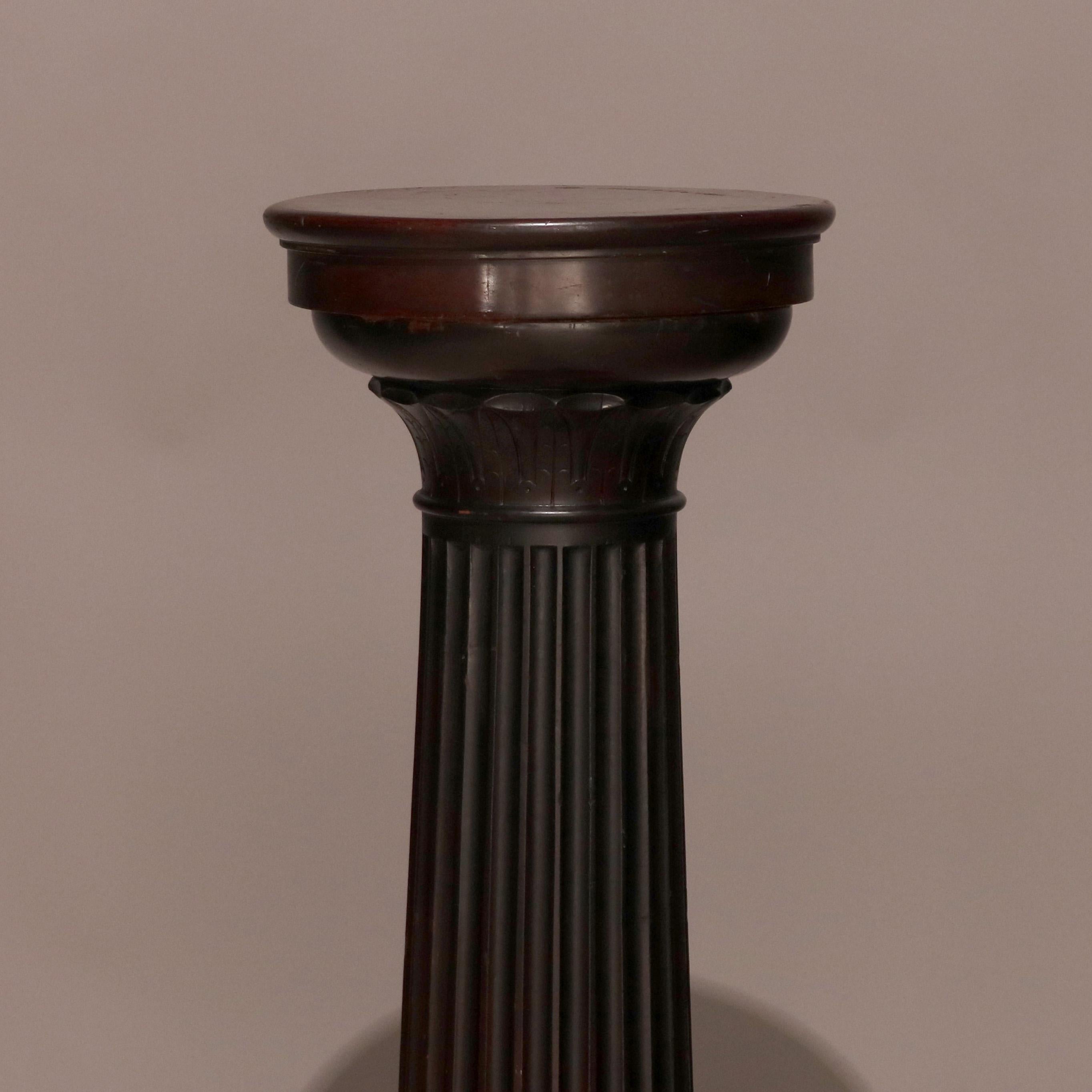19th Century Antique Classical Doric Column Mahogany & Marble Sculpture Pedestal, c1890