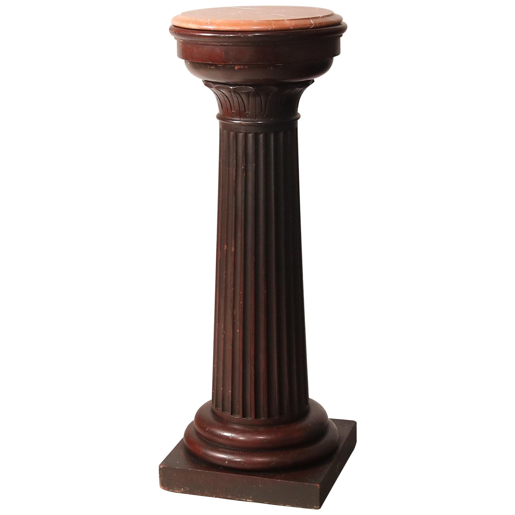 Antique Classical Doric Column Mahogany & Marble Sculpture Pedestal, c1890