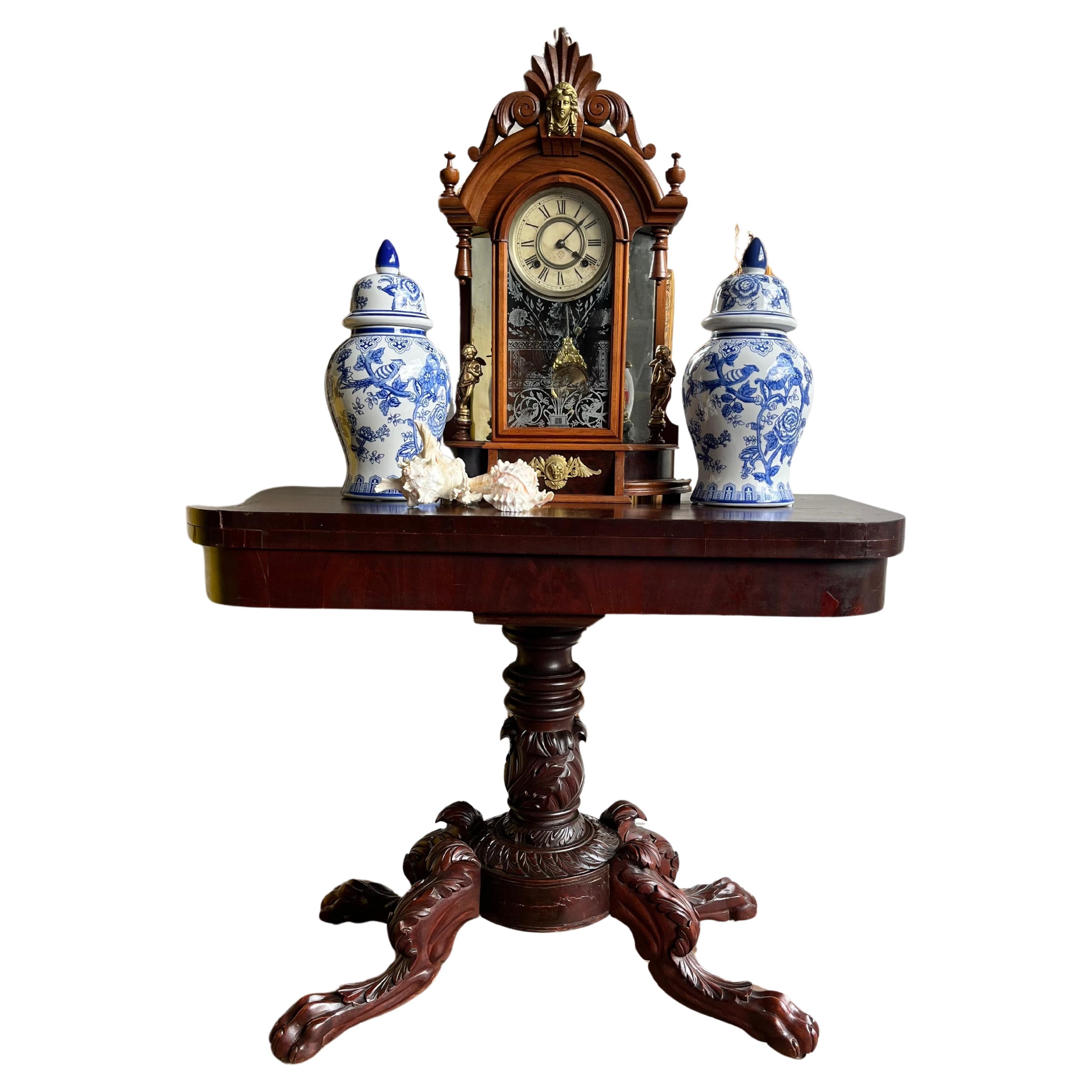 Antique Classical Empire Mahogany Claw Foot Console Flip Top Game Table 1830s