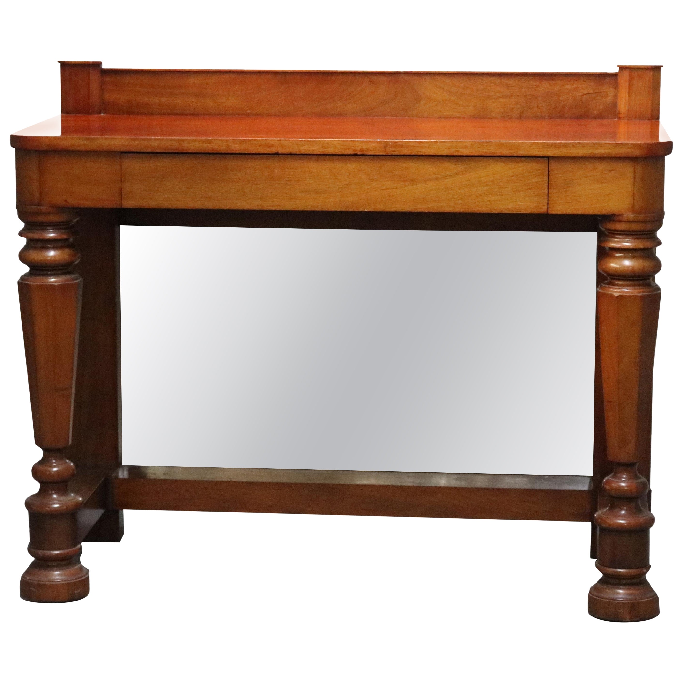 Antiguo Imperio Clásico Mesa de muelle de caoba con espejo y patas abalaustradas C1900