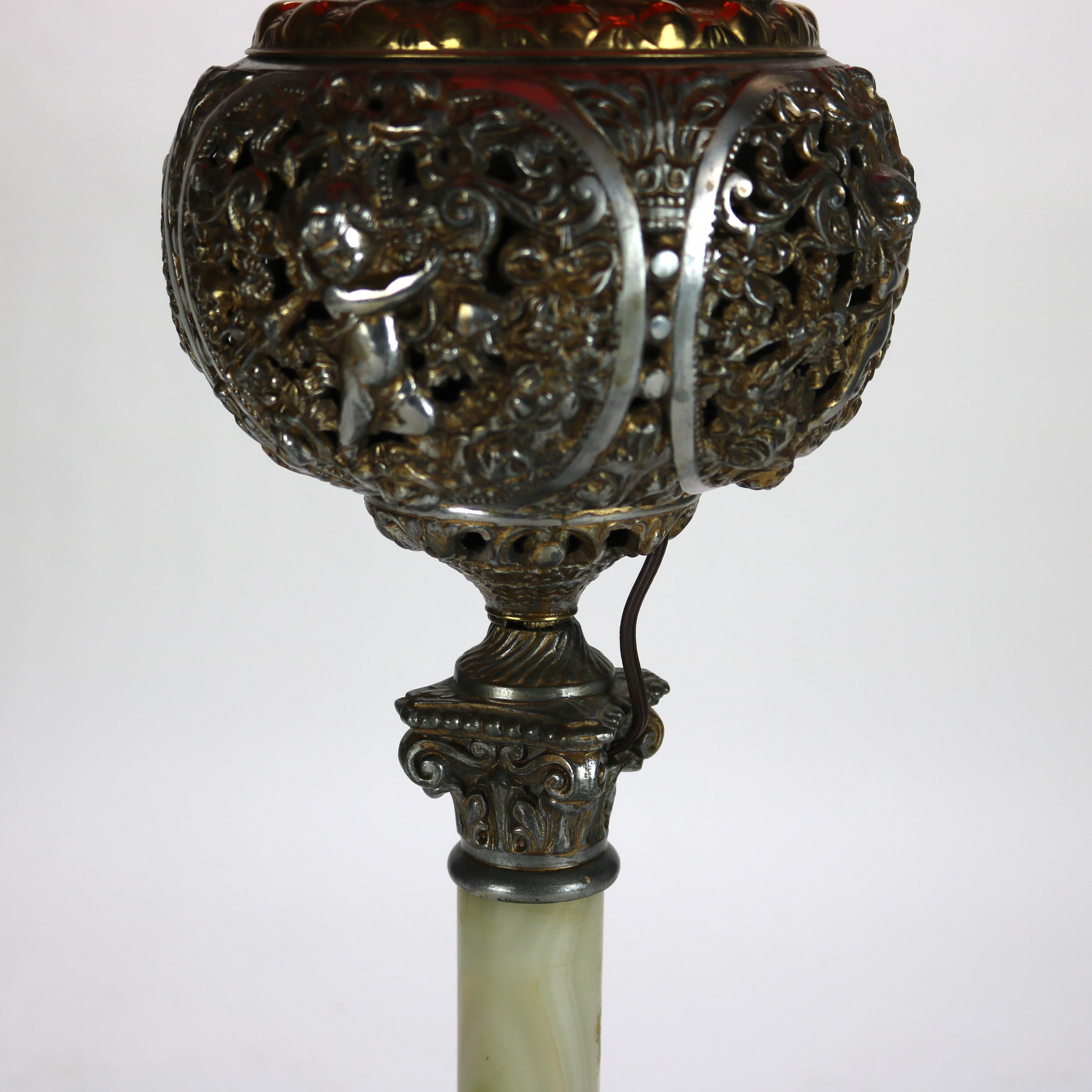 American Antique Classical Figural Cherub Onyx Converted to Electric Table Lamp C1890
