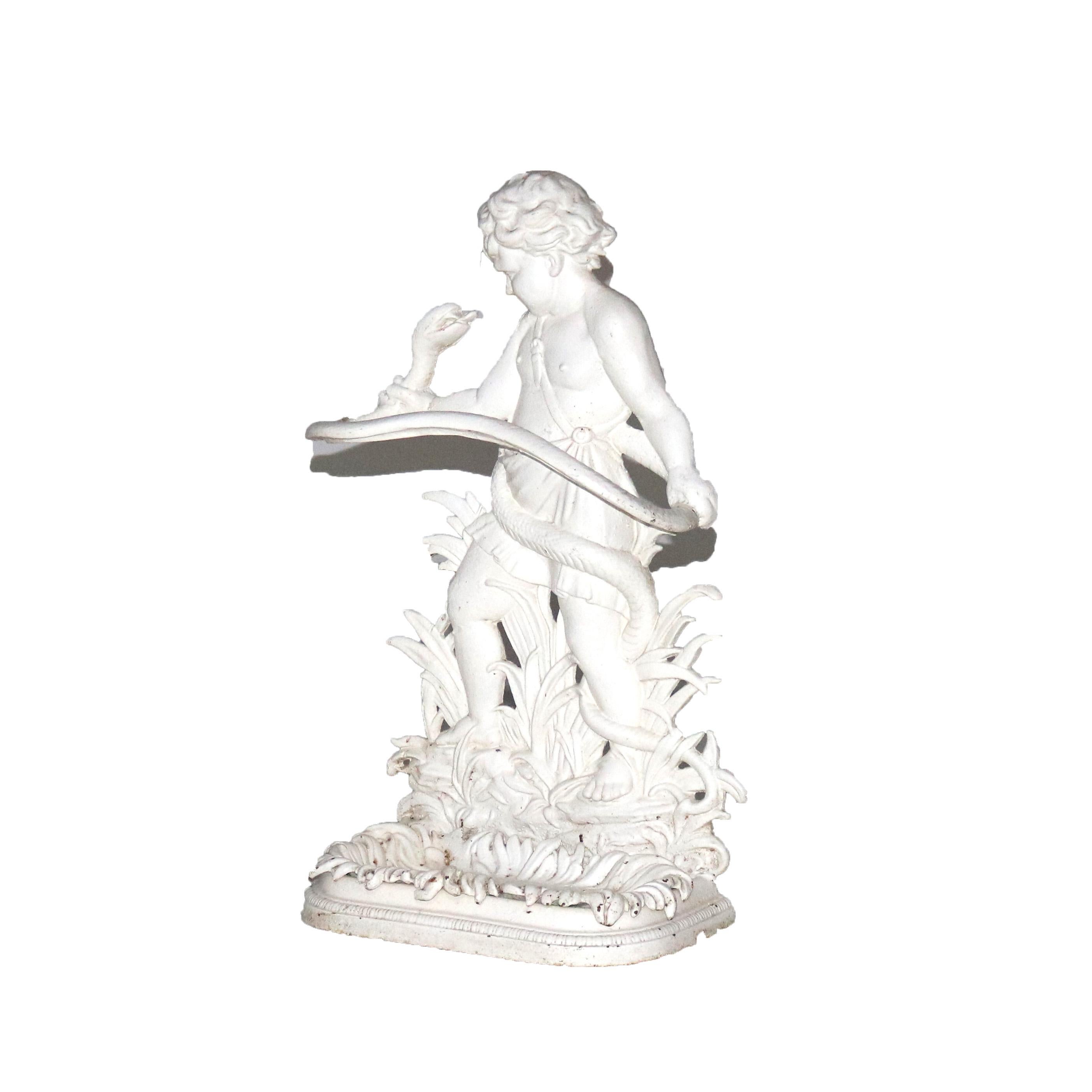 Antique Classical Figural Cherub & Snake Painted Wrought Iron Umbrella Stand In Good Condition In Big Flats, NY