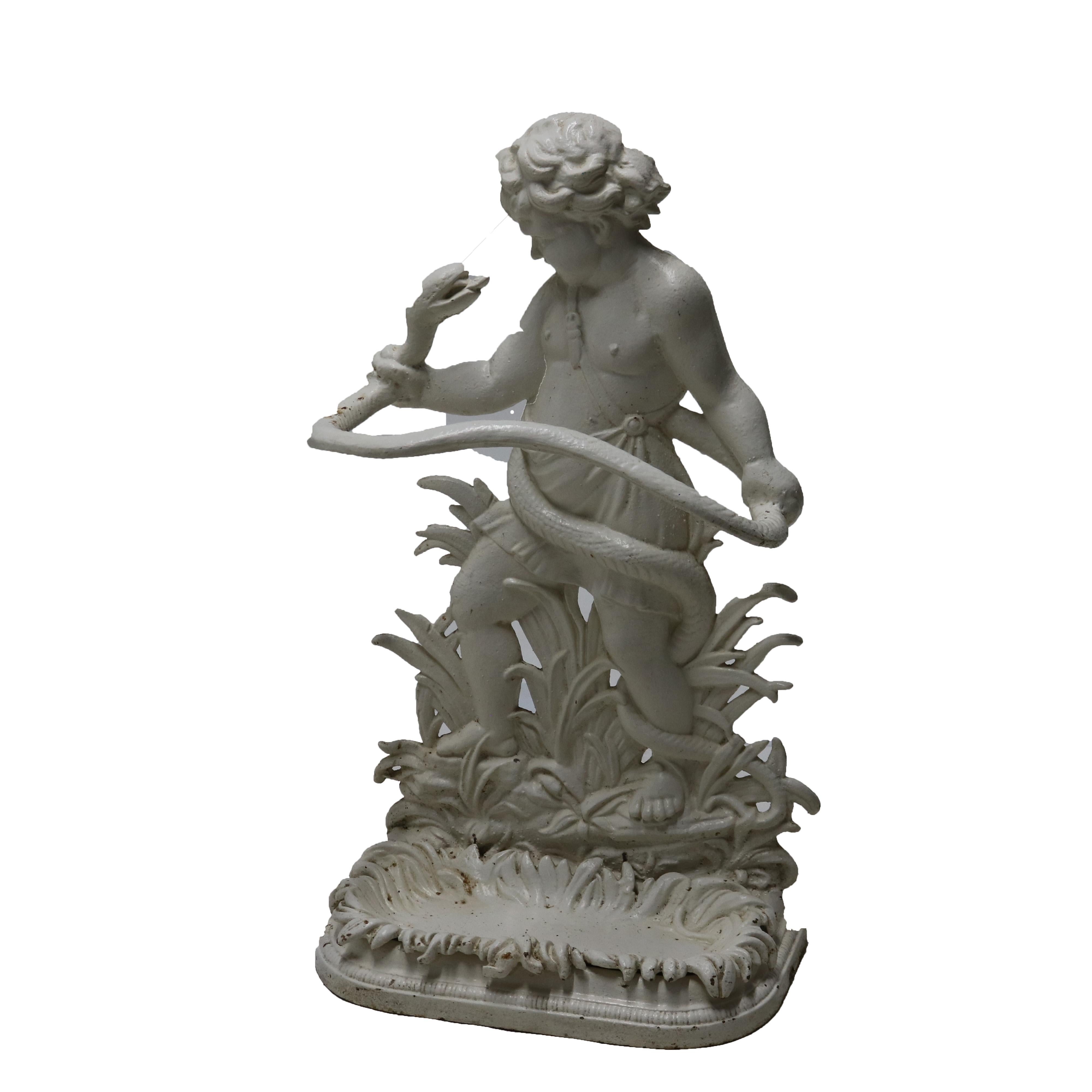 19th Century Antique Classical Figural Cherub & Snake Painted Wrought Iron Umbrella Stand