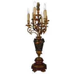 Antique Classical Figural Gilt Bronze & Rouge Marble Candelabra Lamp, circa 1890