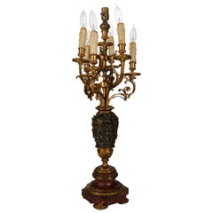 Antique Classical Figural Gilt Bronze & Rouge Marble Candelabra Lamp, circa 1890