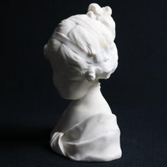 Antique Classical French Carved Alabaster Portrait Sculpture of Young Girl