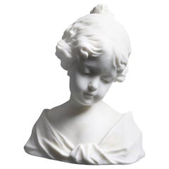 Antique Classical French Carved Alabaster Portrait Sculpture of Young Girl