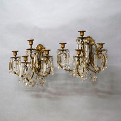 Antique Classical French Gilt Bronze & Cut Crystal Four-Arm Candle Sconces 19thC
