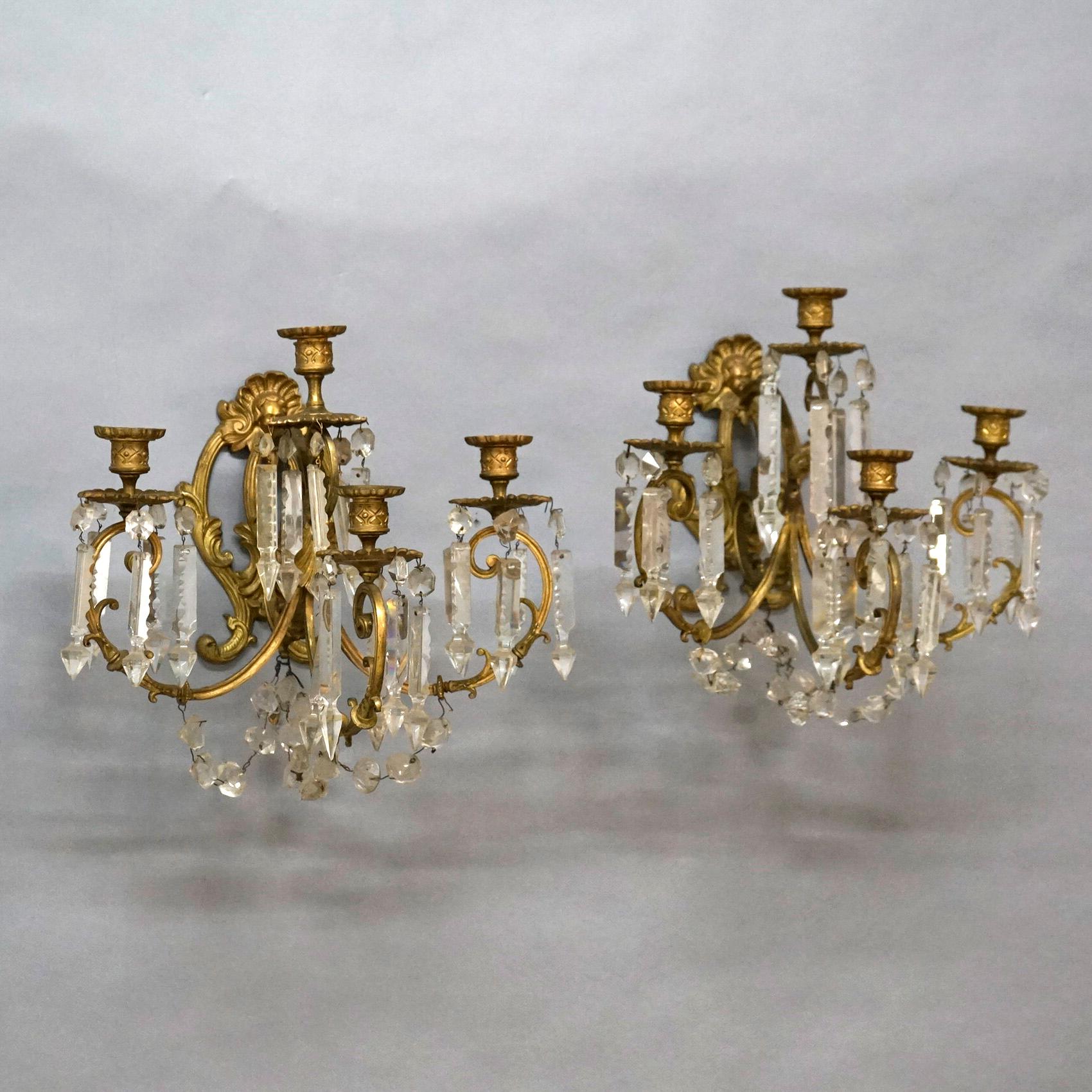 Classical Greek Antique Classical French Gilt Bronze & Cut Crystal Four-Arm Candle Sconces 19thC
