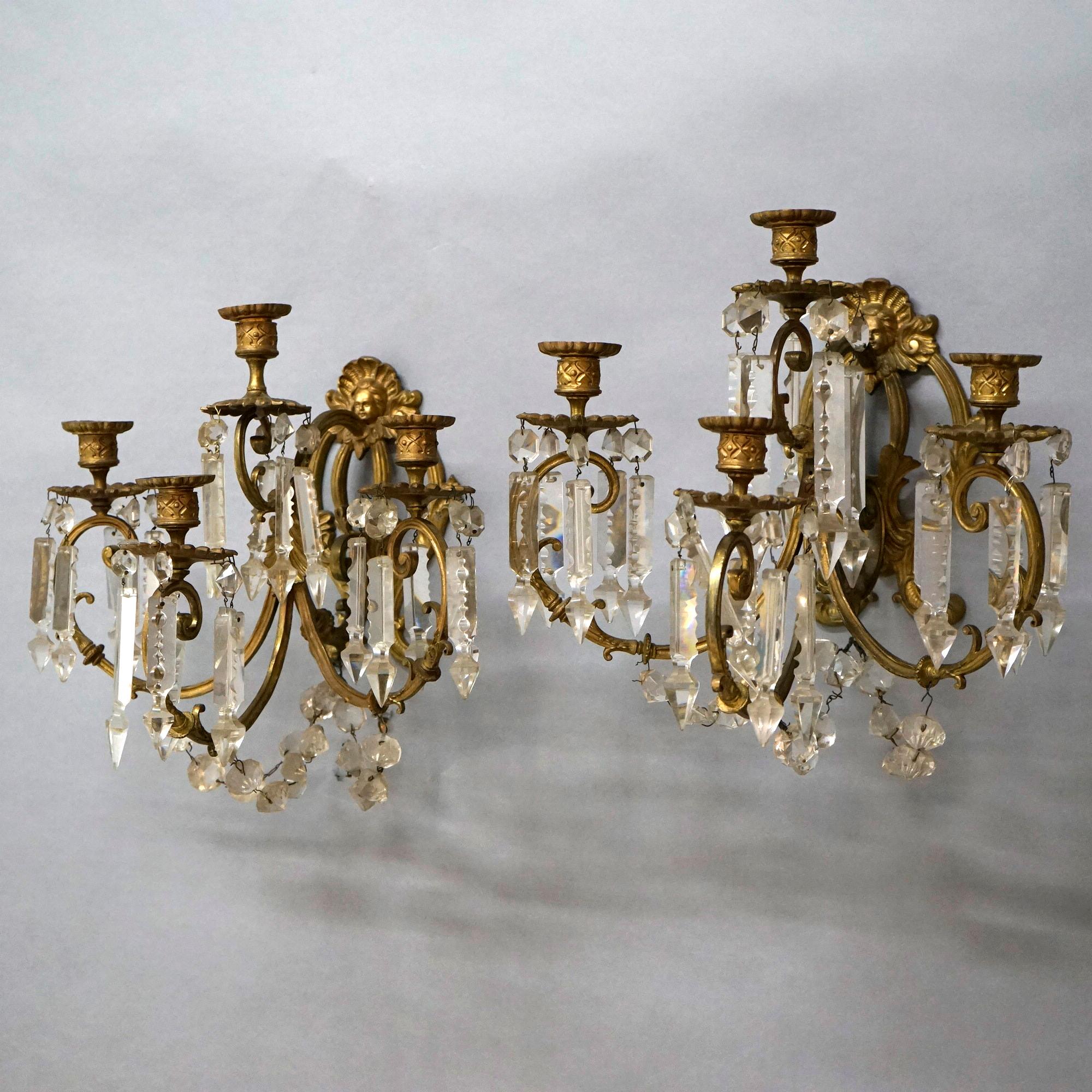 Antique Classical French Gilt Bronze & Cut Crystal Four-Arm Candle Sconces 19thC In Good Condition In Big Flats, NY