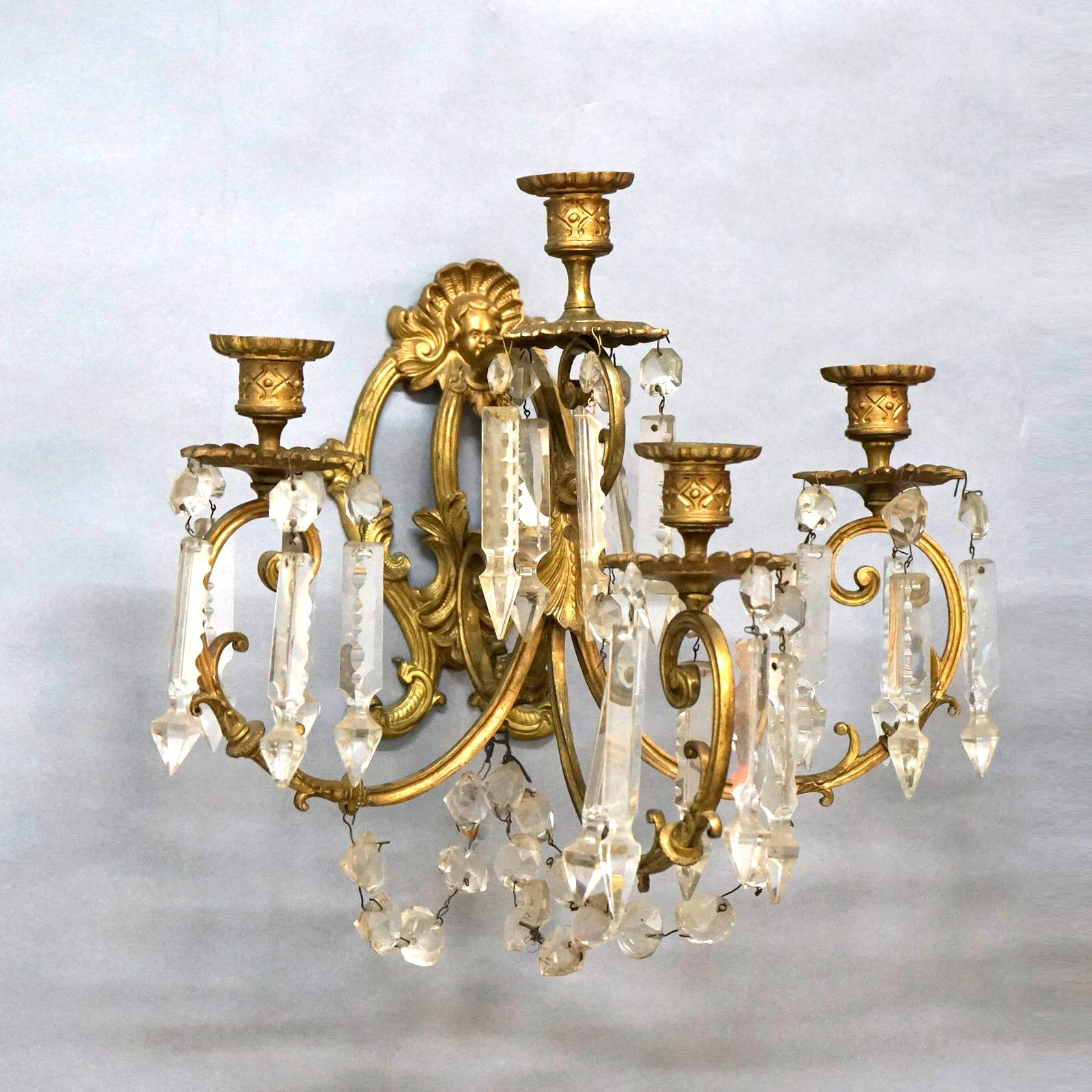 19th Century Antique Classical French Gilt Bronze & Cut Crystal Four-Arm Candle Sconces 19thC