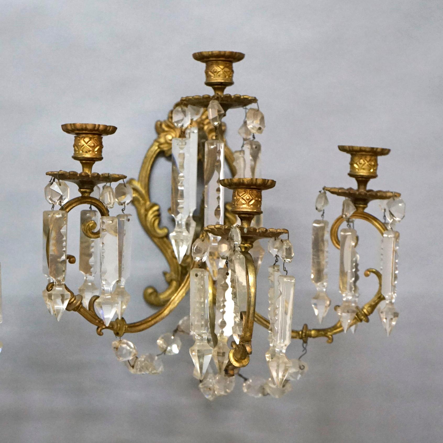 Antique Classical French Gilt Bronze & Cut Crystal Four-Arm Candle Sconces 19thC 1