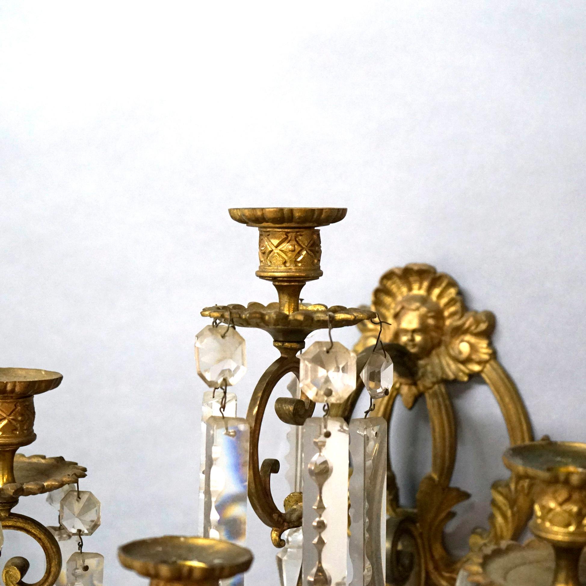 Antique Classical French Gilt Bronze & Cut Crystal Four-Arm Candle Sconces 19thC 2