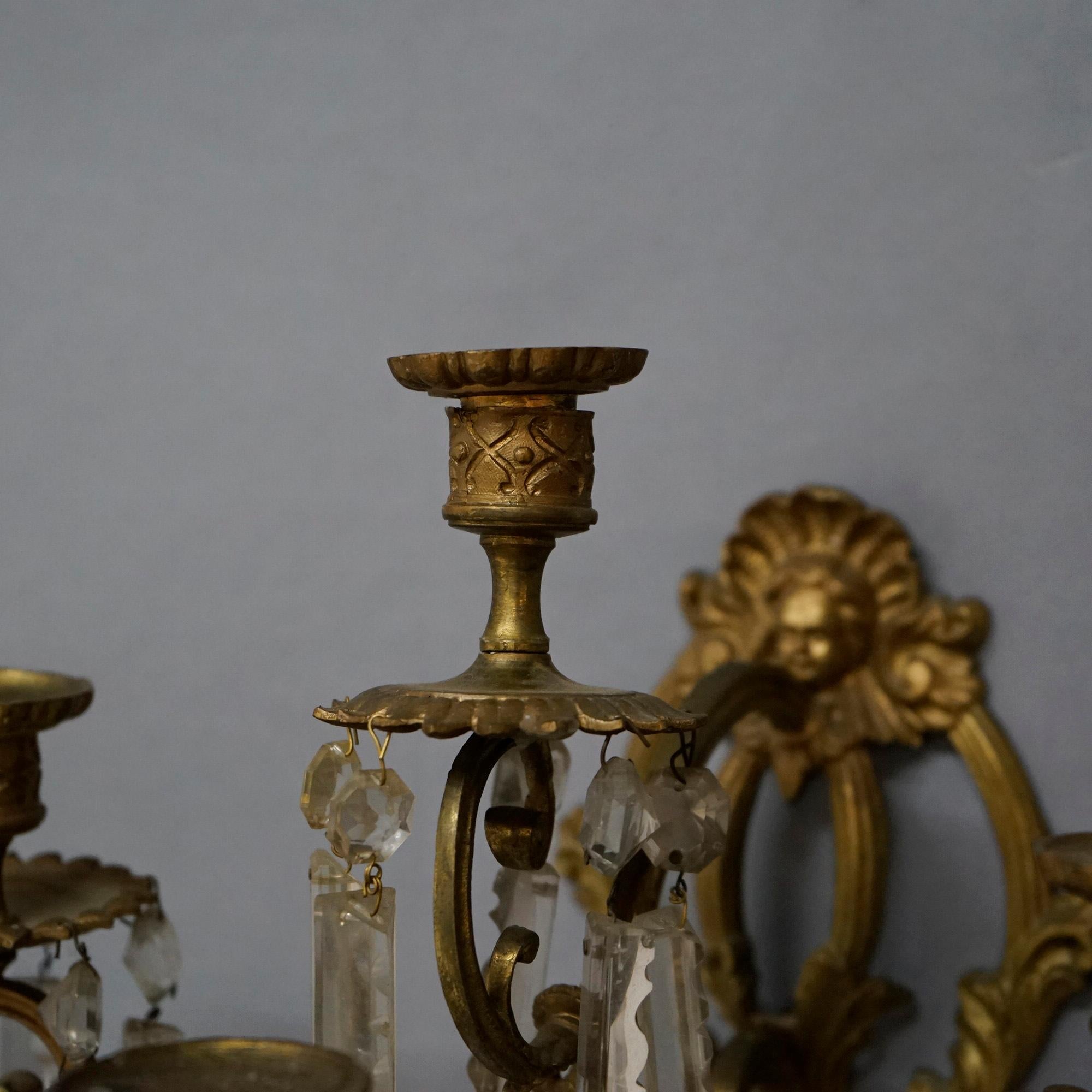 Antique Classical French Gilt Bronze & Cut Crystal Four-Arm Candle Sconces 19thC 3