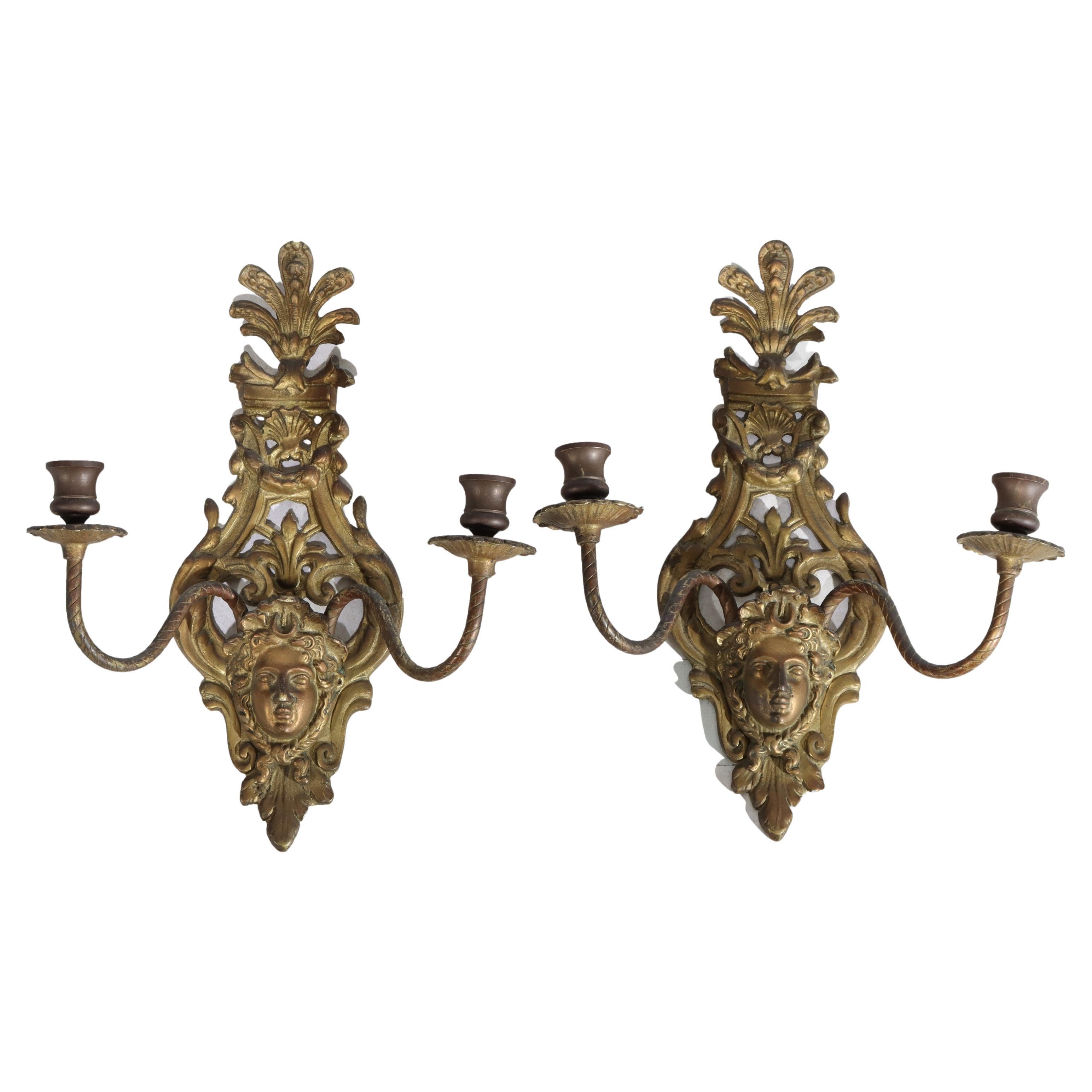 Antique Classical French Louis XIV Style Figural Bronze Candle Sconces c1920