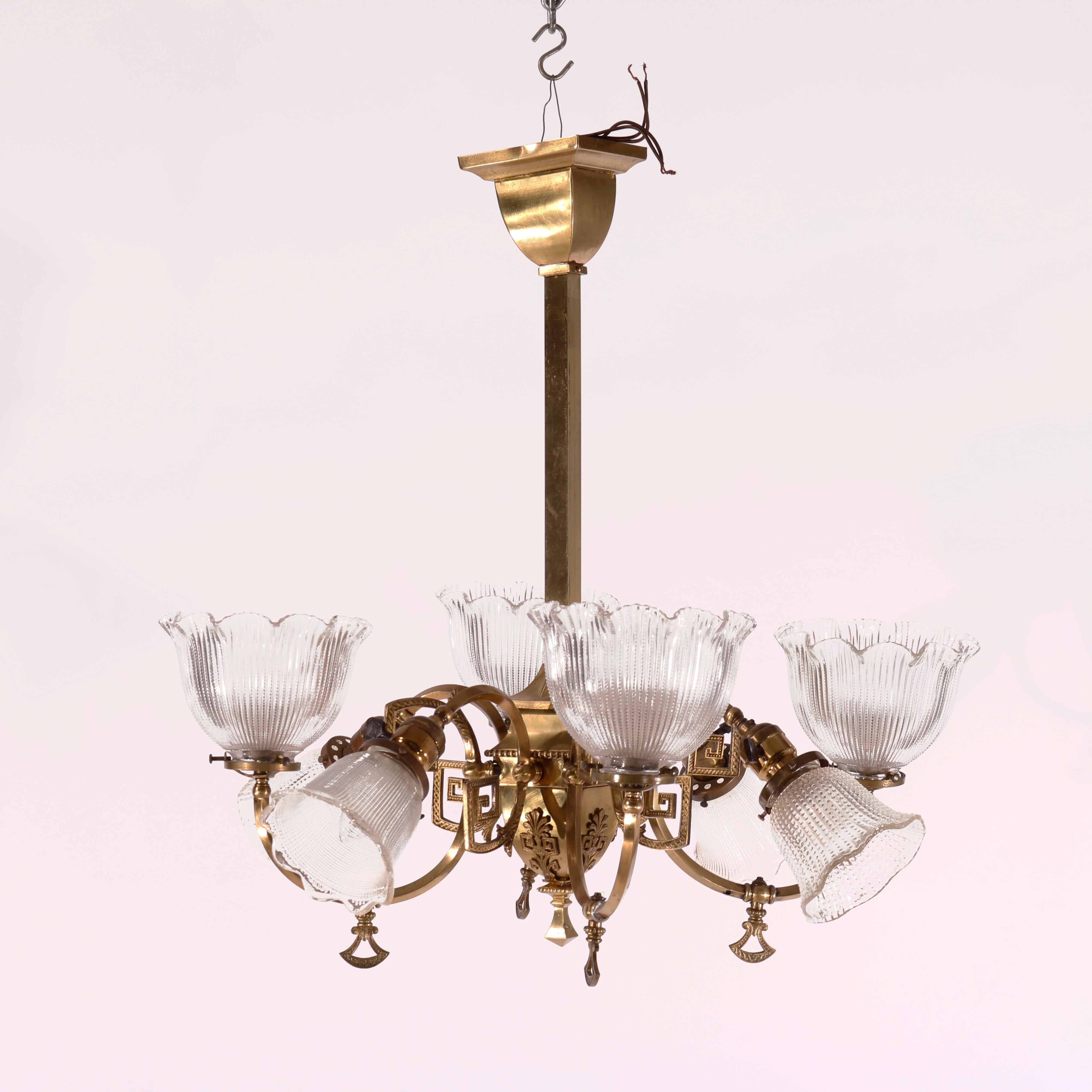 Antique Classical Gilt Brass & Metal Eight-Light Up & Down Hanging Fixture c1930 4