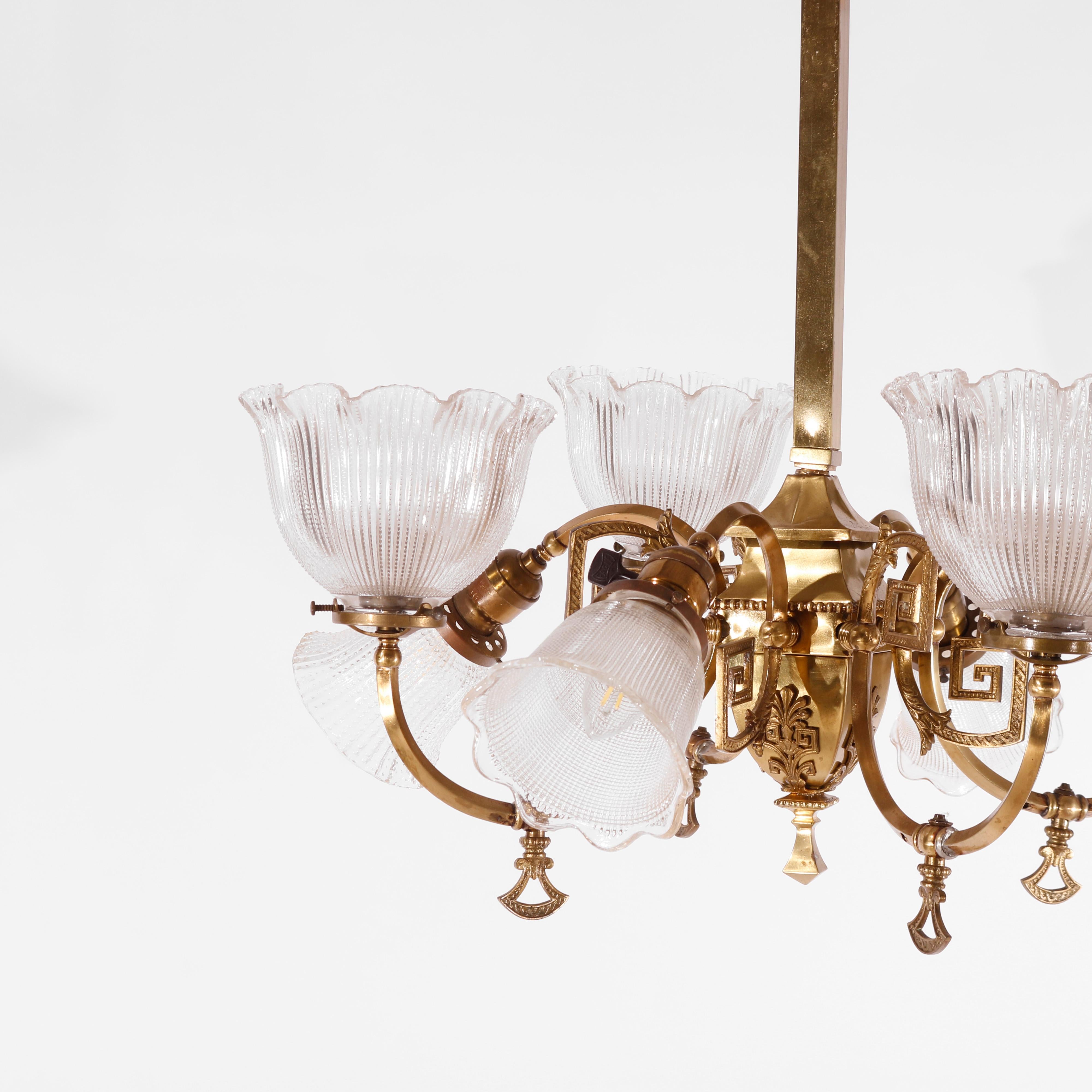 American Antique Classical Gilt Brass & Metal Eight-Light Up & Down Hanging Fixture c1930