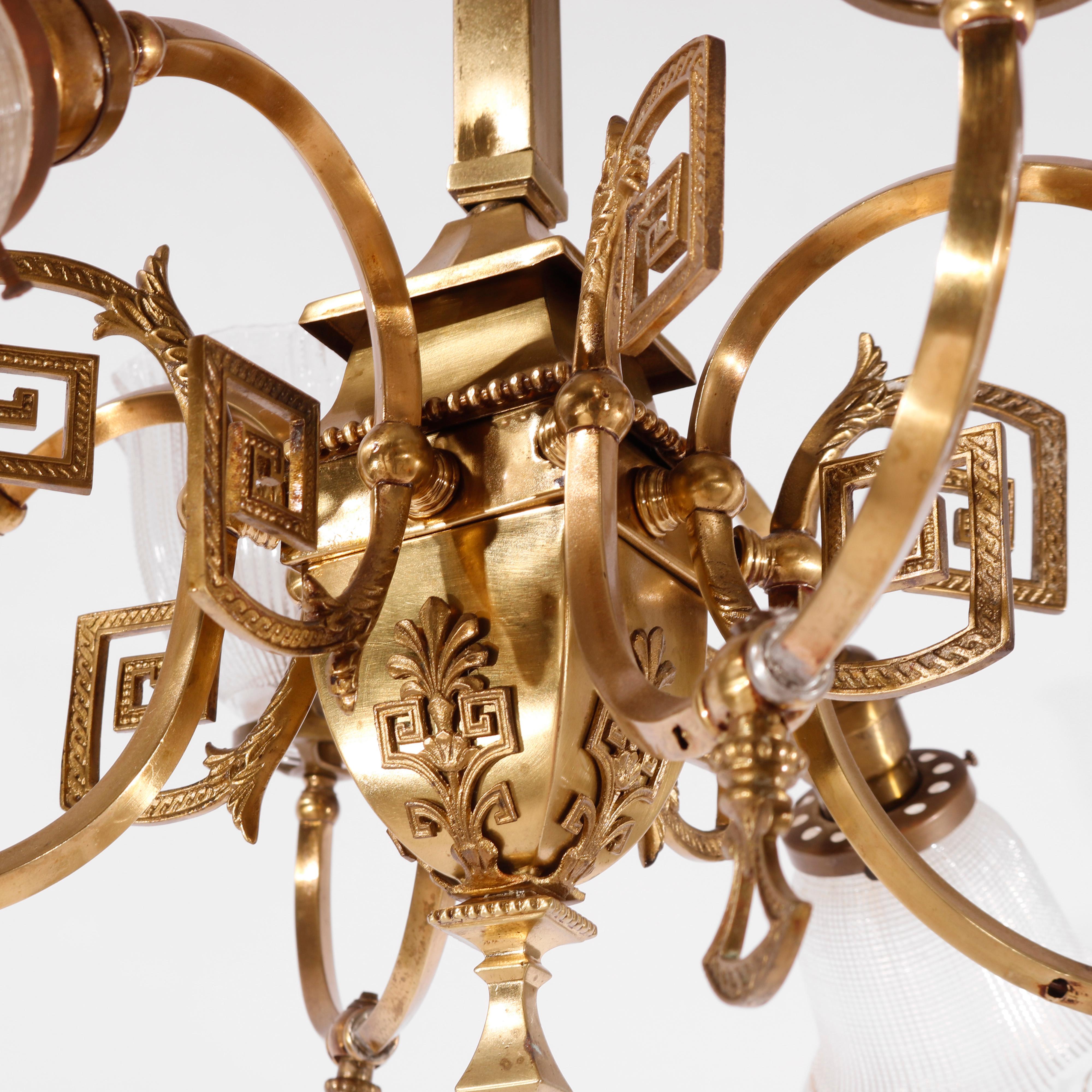 Antique Classical Gilt Brass & Metal Eight-Light Up & Down Hanging Fixture c1930 1
