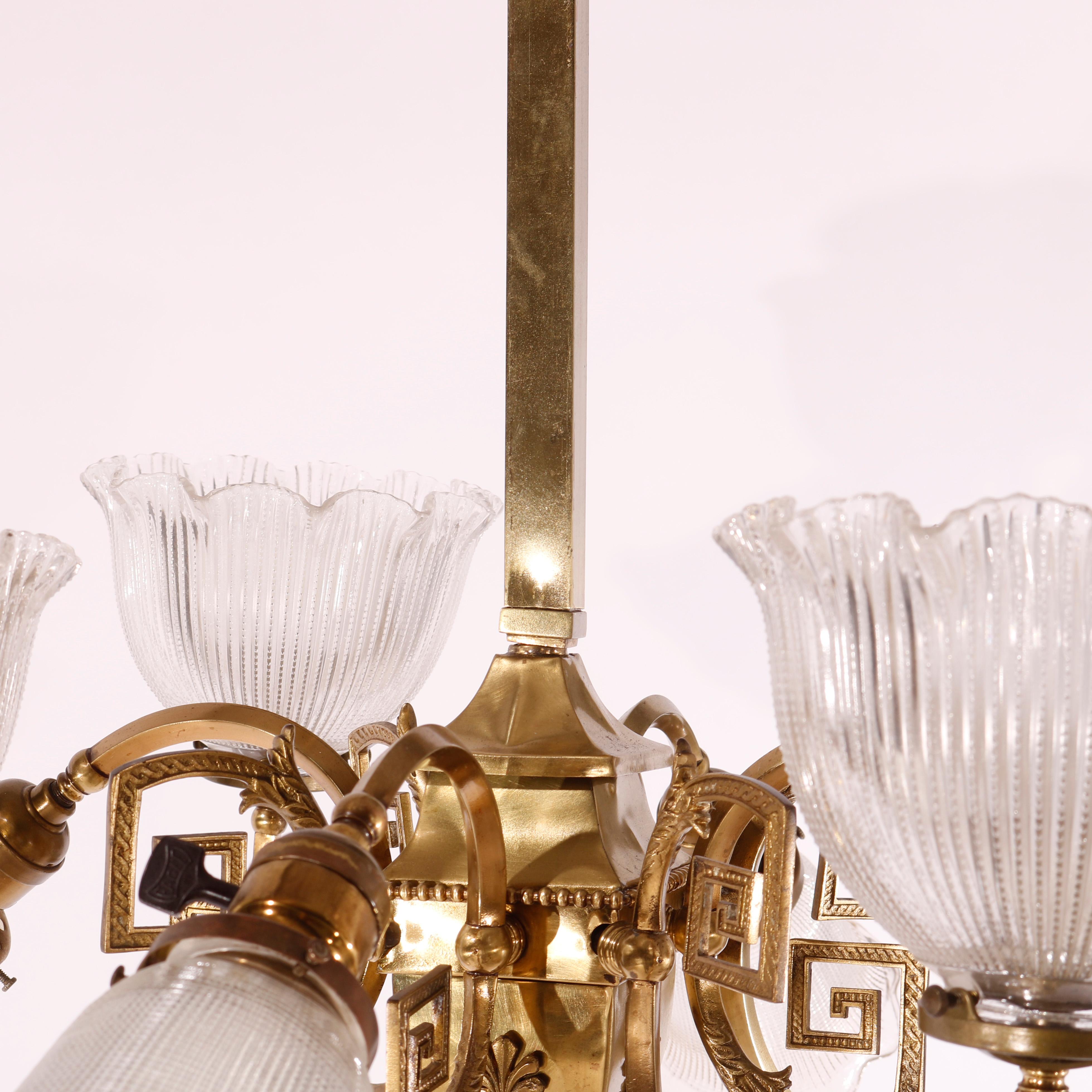 Antique Classical Gilt Brass & Metal Eight-Light Up & Down Hanging Fixture c1930 3