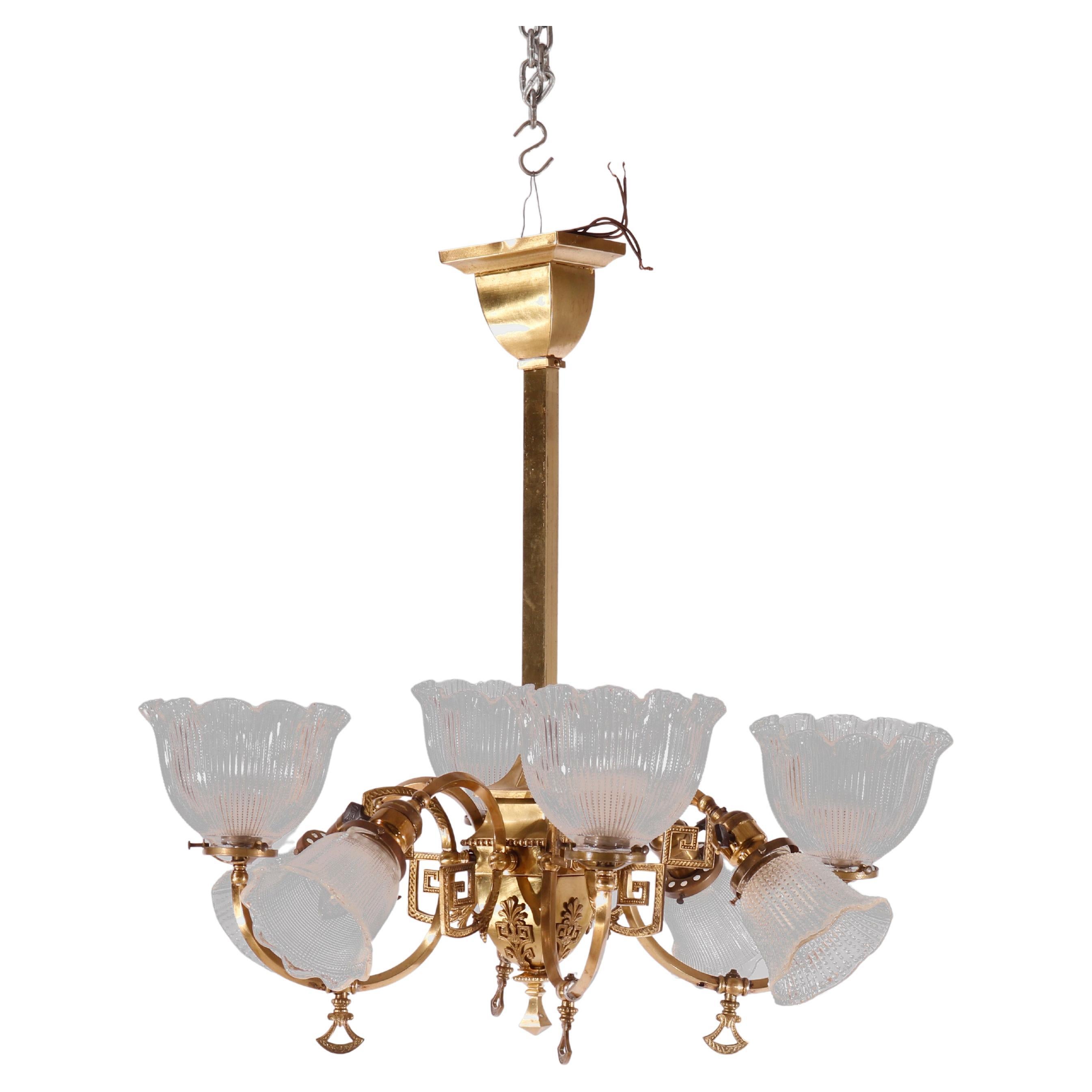 Antique Classical Gilt Brass & Metal Eight-Light Up & Down Hanging Fixture c1930