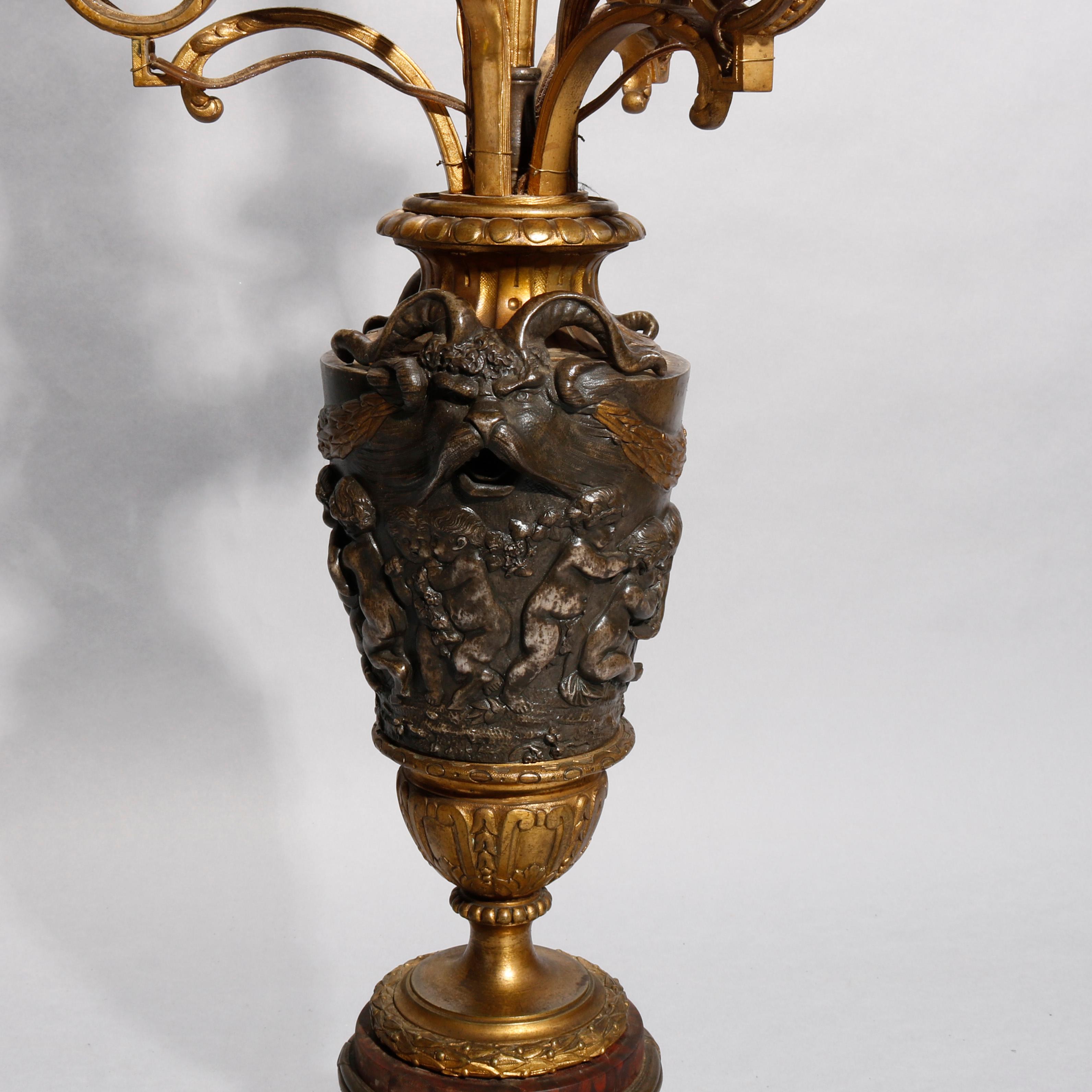 Antique Classical Gilt Bronze & Rouge Marble Figural Candelabra Lamp, circa 1890 8