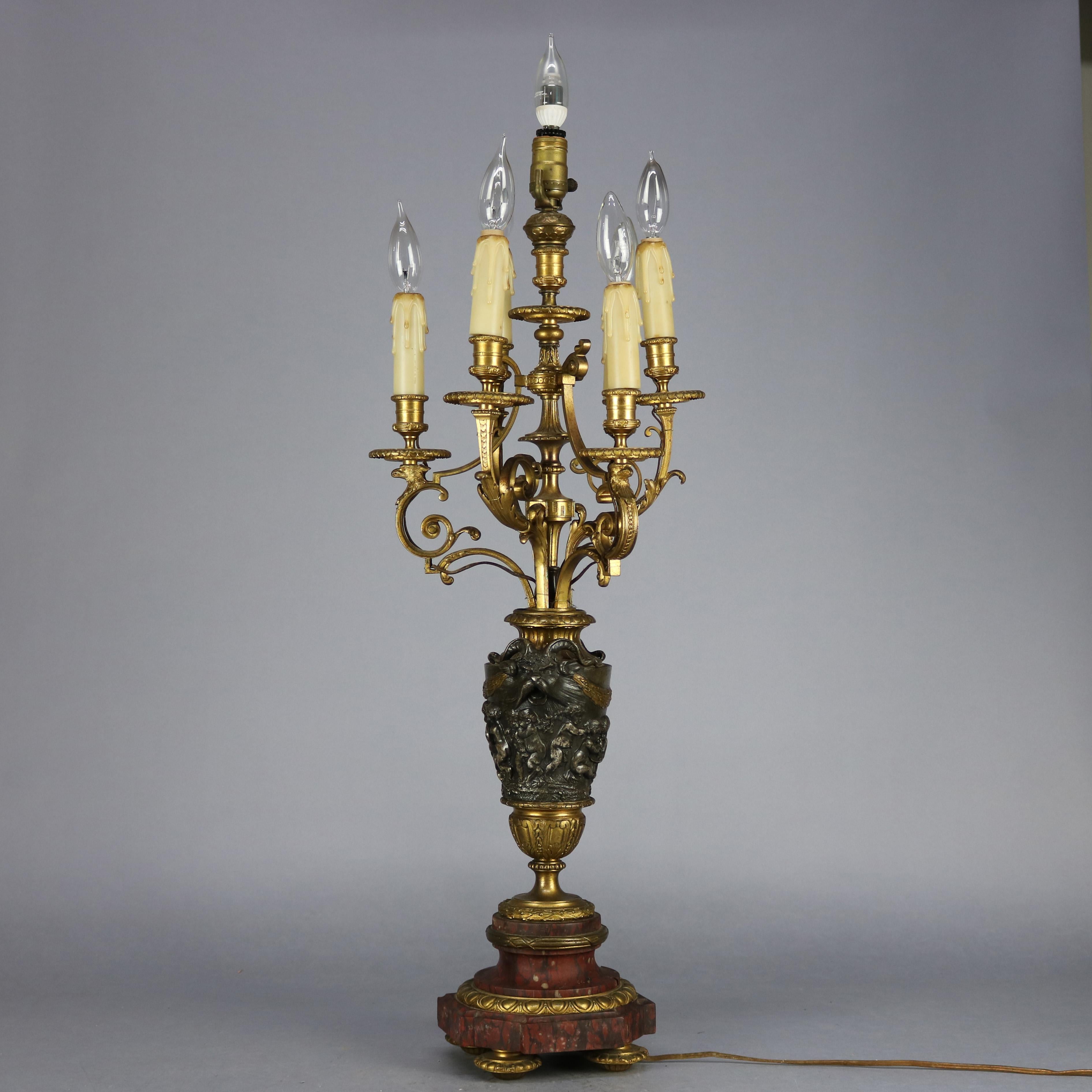 Cast Antique Classical Gilt Bronze & Rouge Marble Figural Candelabra Lamp, circa 1890