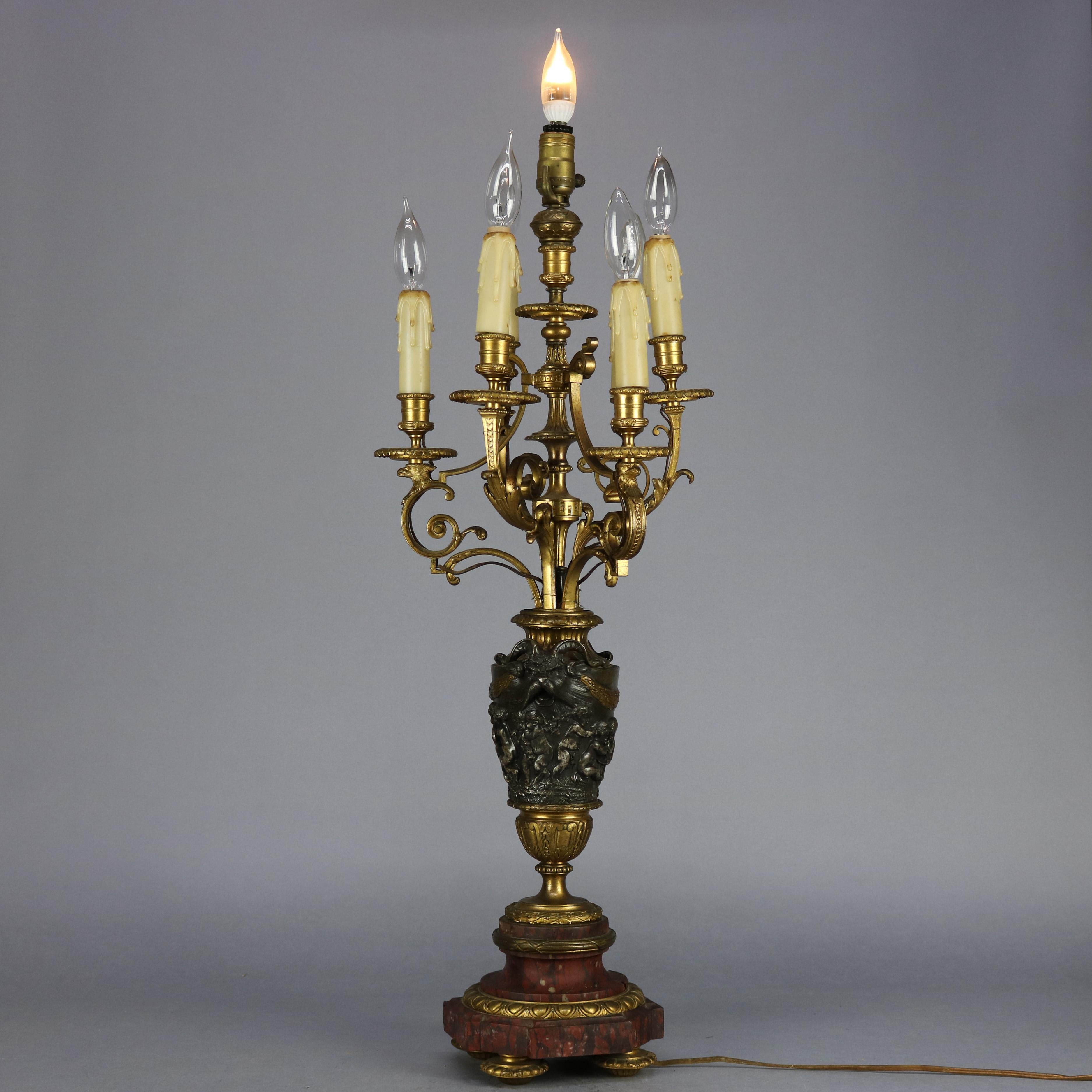 Antique Classical Gilt Bronze & Rouge Marble Figural Candelabra Lamp, circa 1890 In Good Condition In Big Flats, NY