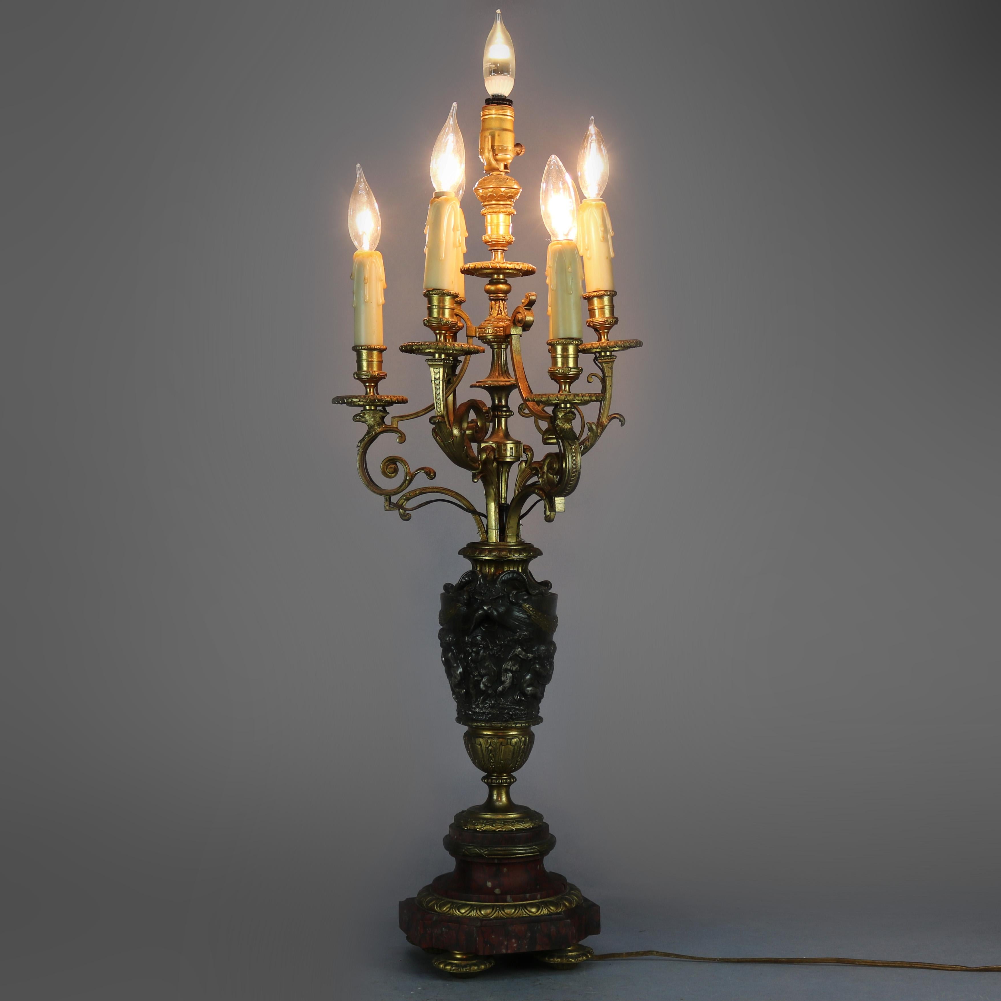 19th Century Antique Classical Gilt Bronze & Rouge Marble Figural Candelabra Lamp, circa 1890