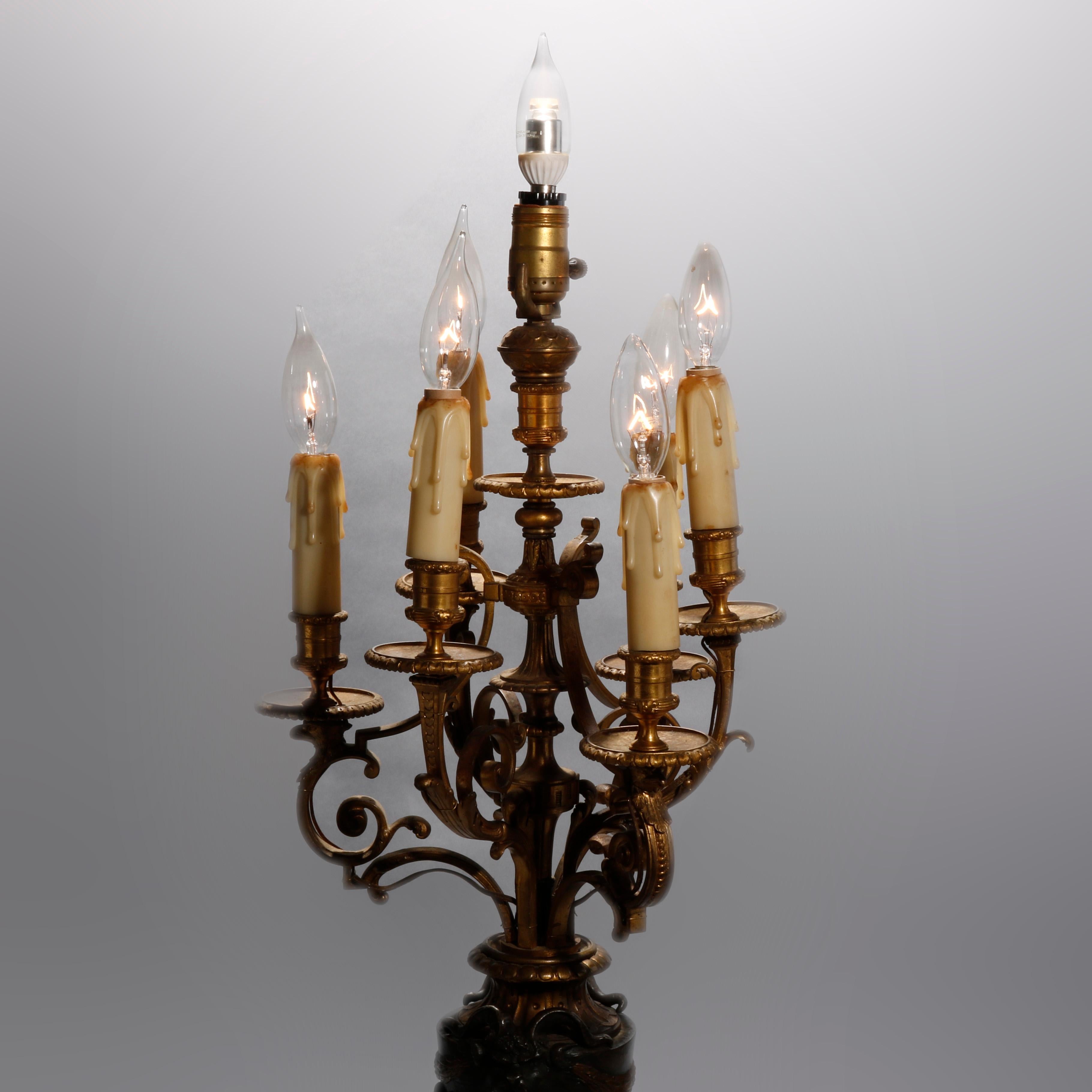 Metal Antique Classical Gilt Bronze & Rouge Marble Figural Candelabra Lamp, circa 1890