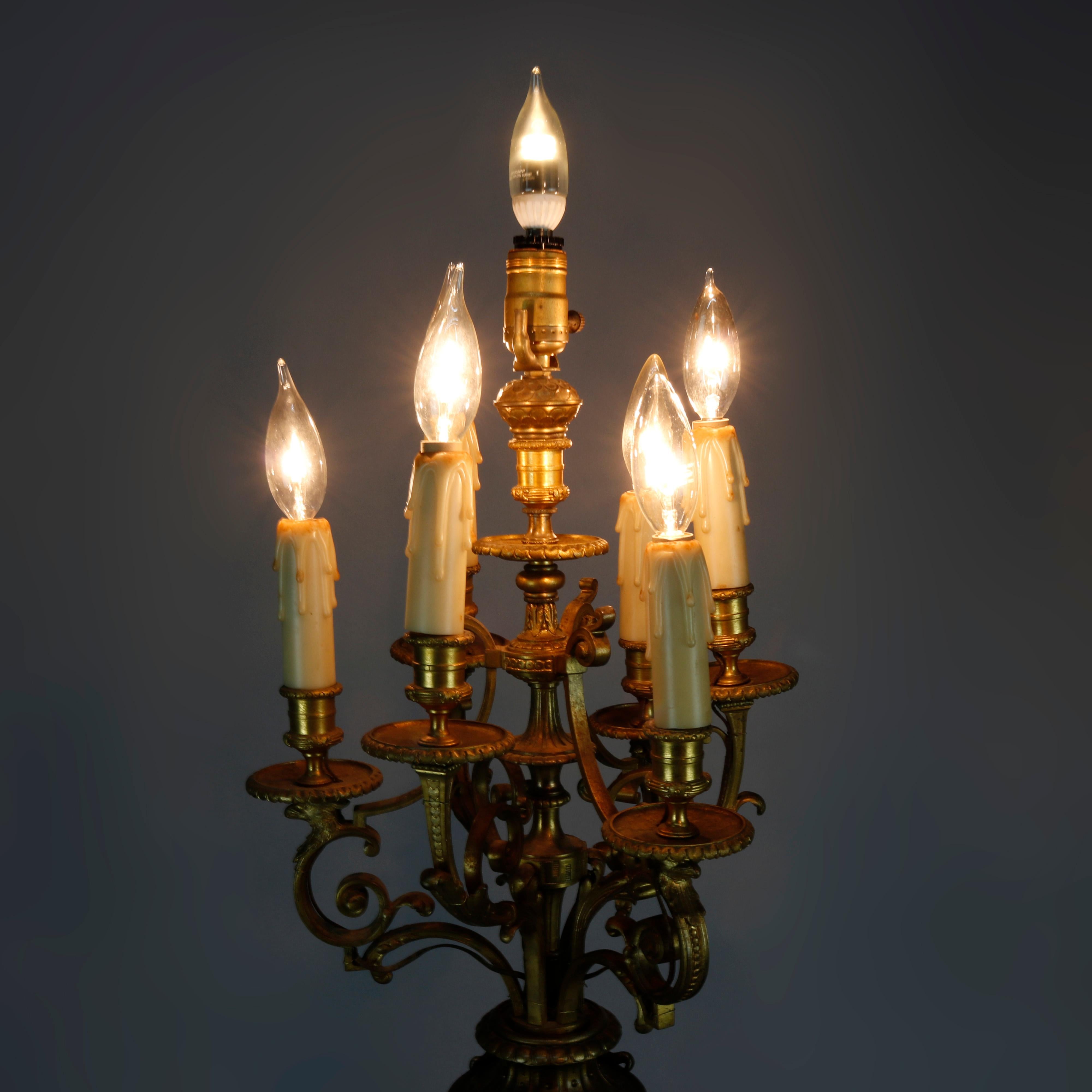 Antique Classical Gilt Bronze & Rouge Marble Figural Candelabra Lamp, circa 1890 1