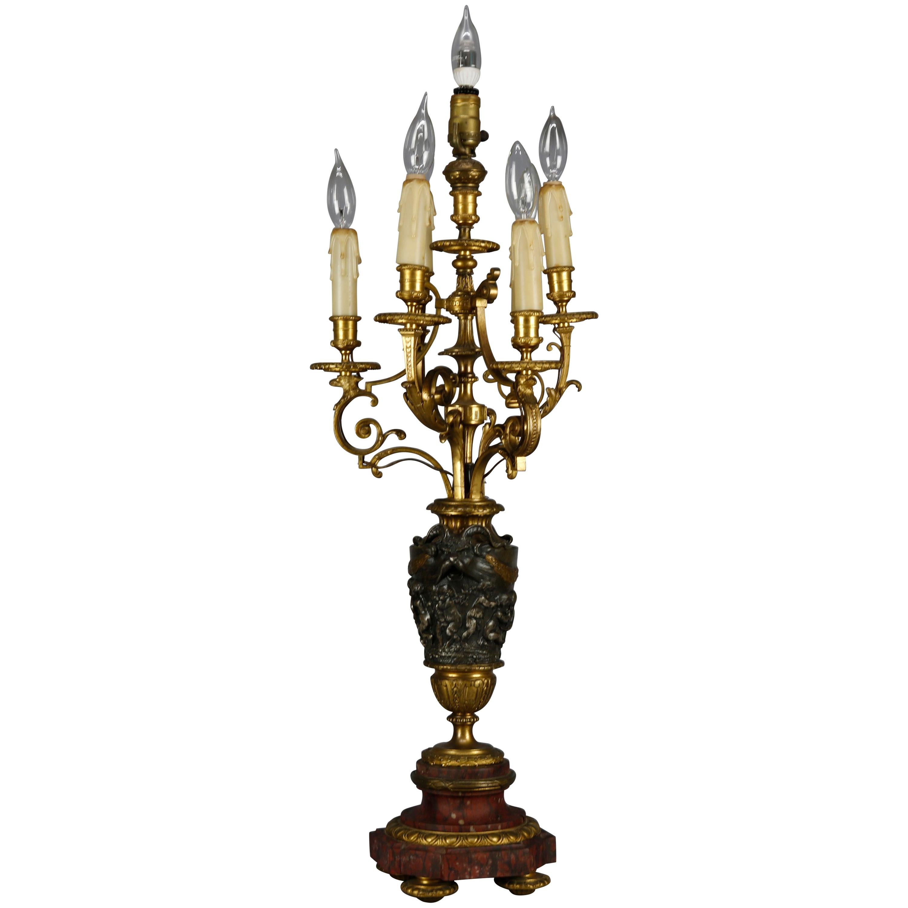 Antique Classical Gilt Bronze & Rouge Marble Figural Candelabra Lamp, circa 1890